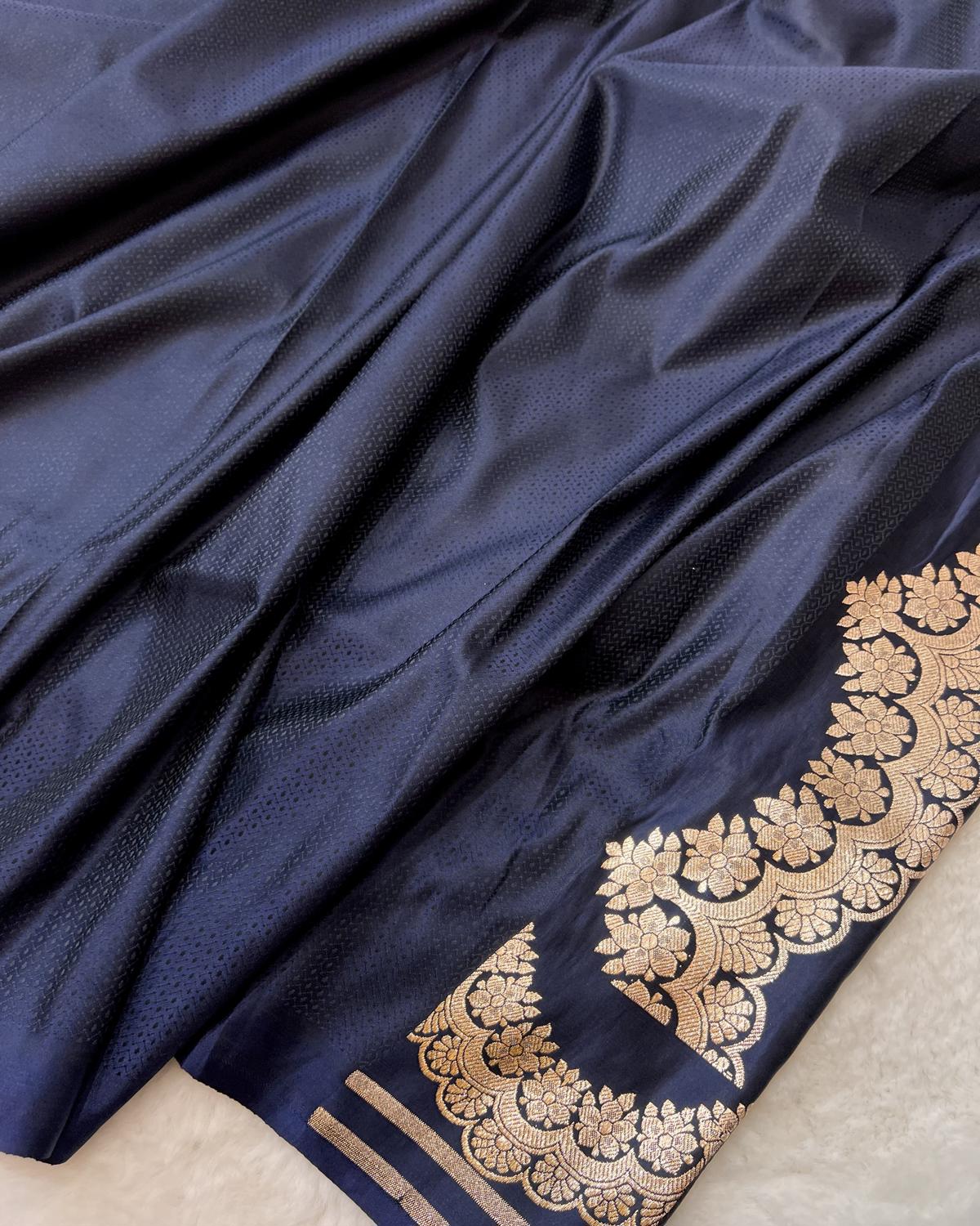 Navy Blue Shades Banarasi Floral Jaal & Scallop Border Mashru Katan Silk Saree