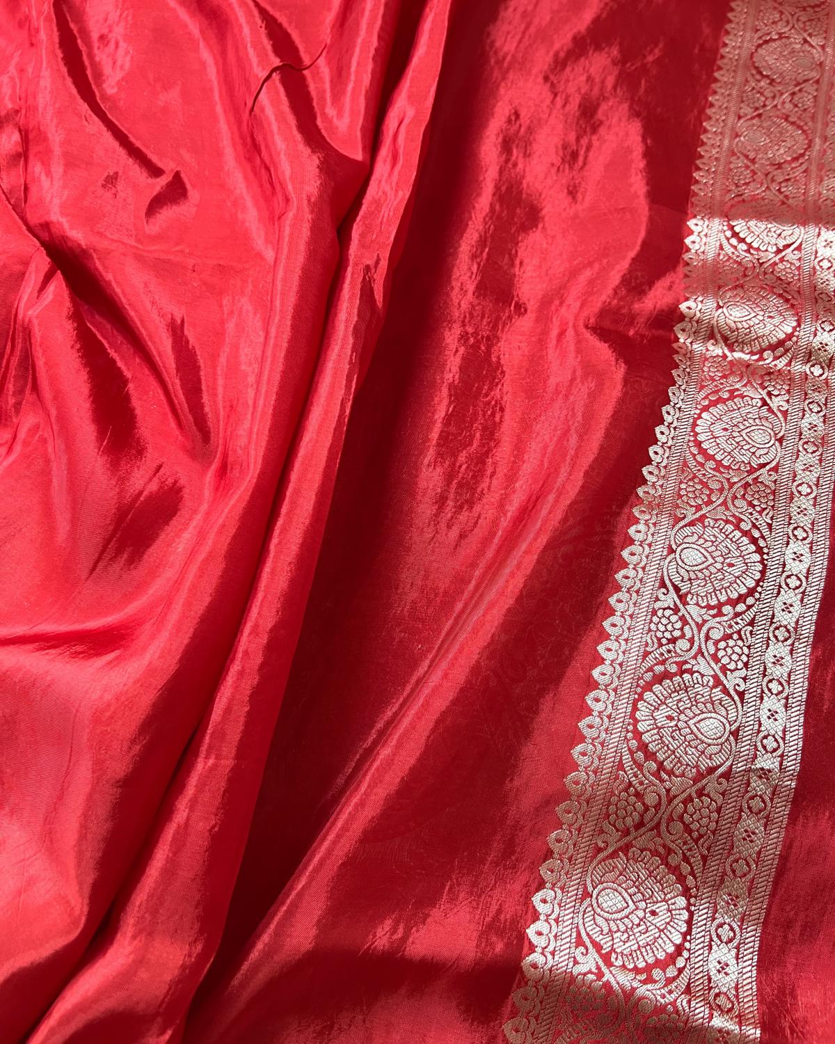 Red Shades Viscose Gold Striped Tissue Silk Saree With Rich Pallu & Tassels