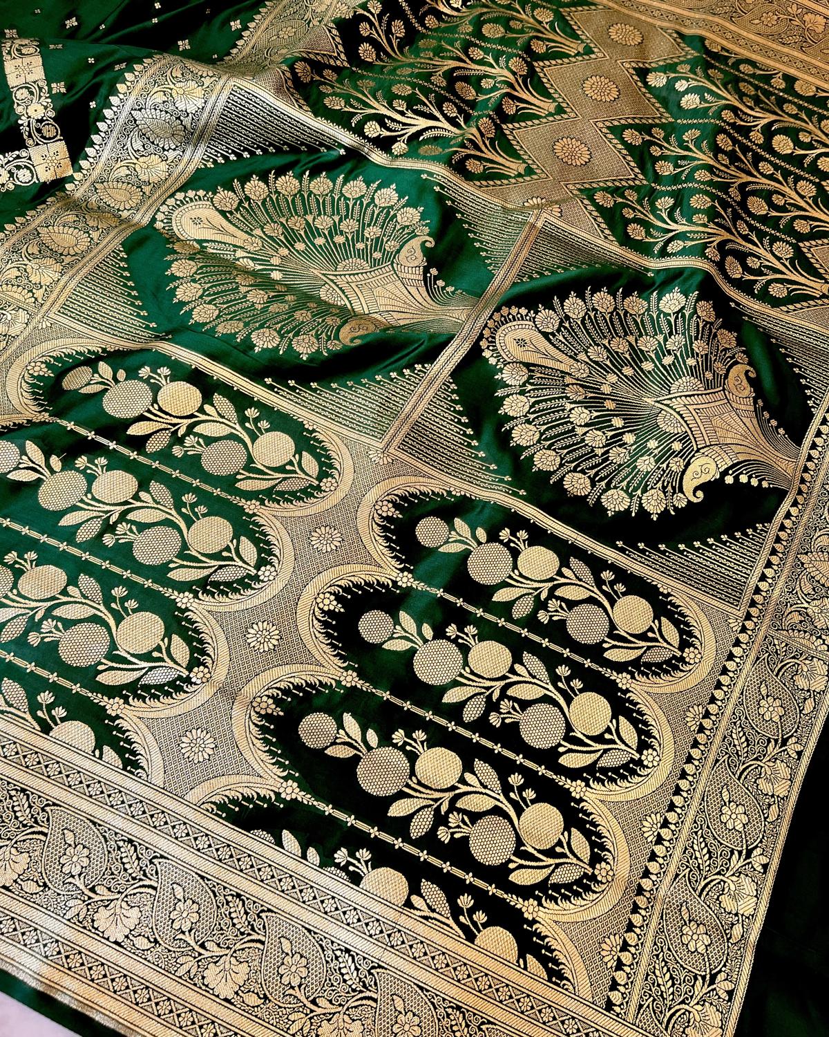 Beautiful Bottle Green Banarasi New 3 In 1 Patten Skirt Border Katan Silk Saree