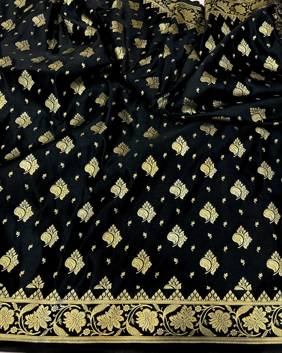Black Shades Banarasi Boota Mashru Katan Silk Saree With Rich Pallu