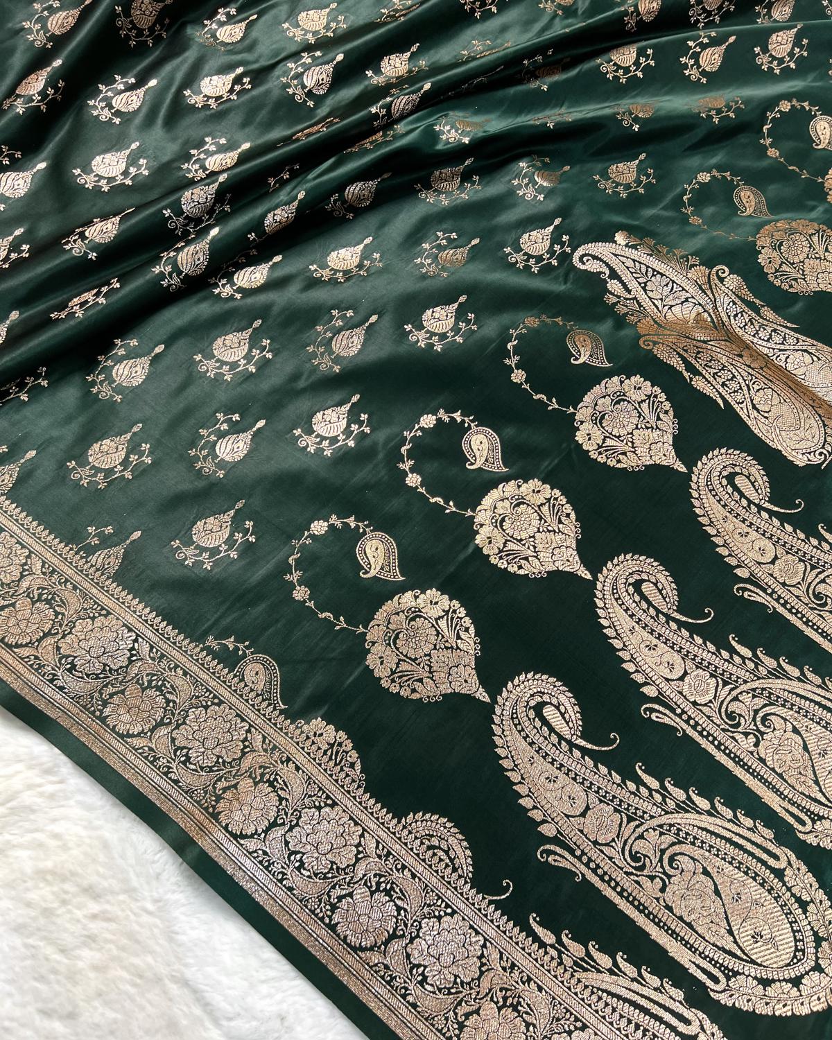 Deep Green Shades Banarasi Boota Mashru Katan Silk Saree with Brocade Blouse