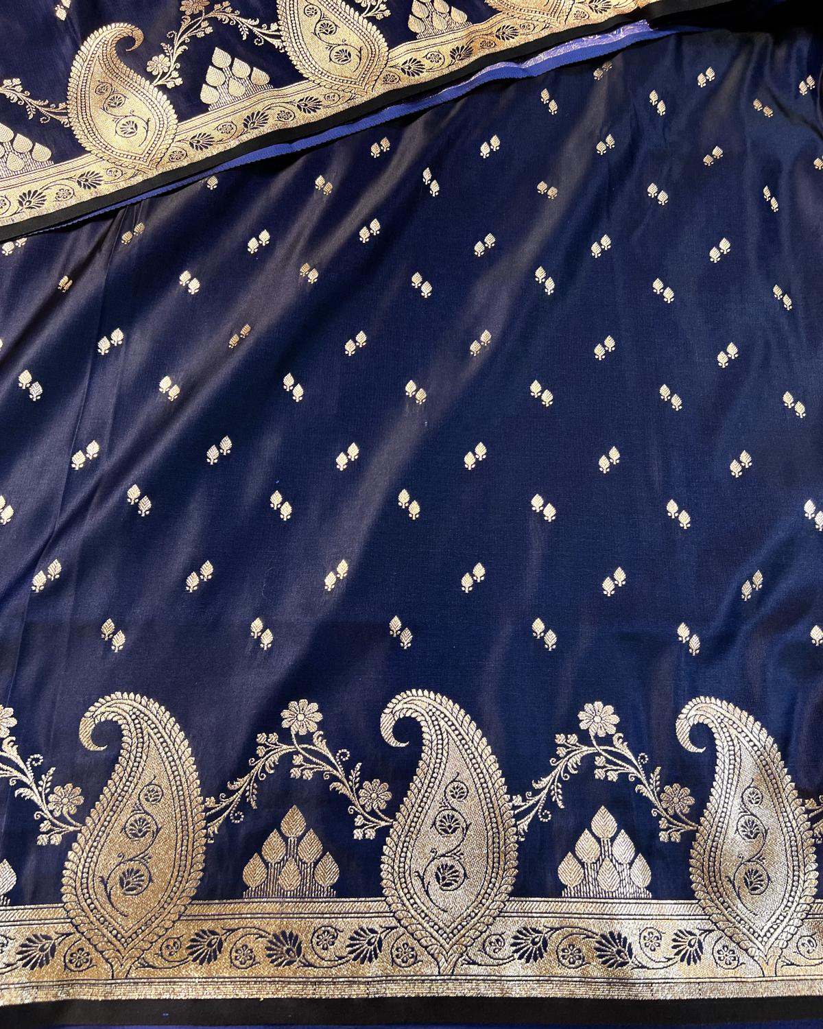 Navy Blue Banarasi Double Booti Mashru Katan Silk Saree