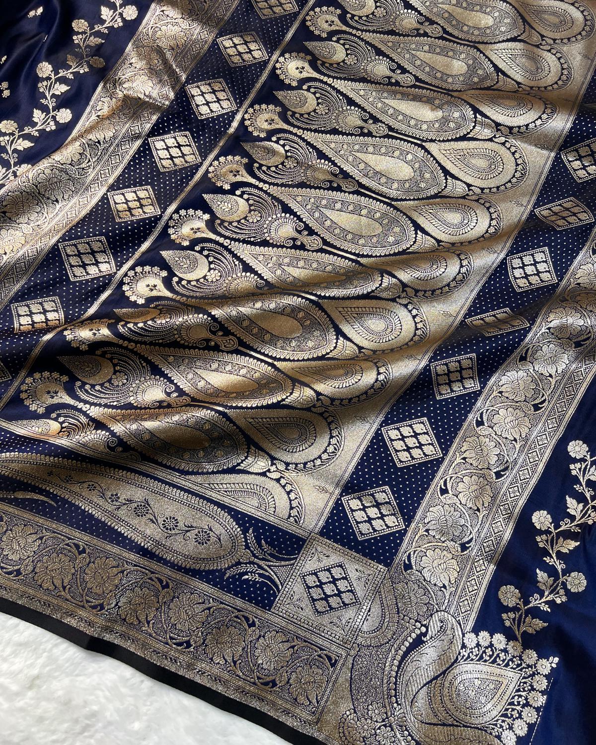 Navy Blue Banarasi Double Booti Mashru Katan Silk Saree