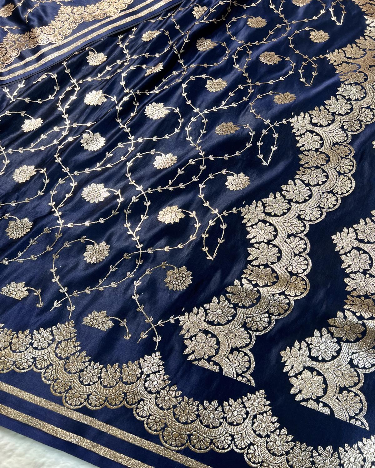 Navy Blue Shades Banarasi Floral Jaal & Scallop Border Mashru Katan Silk Saree