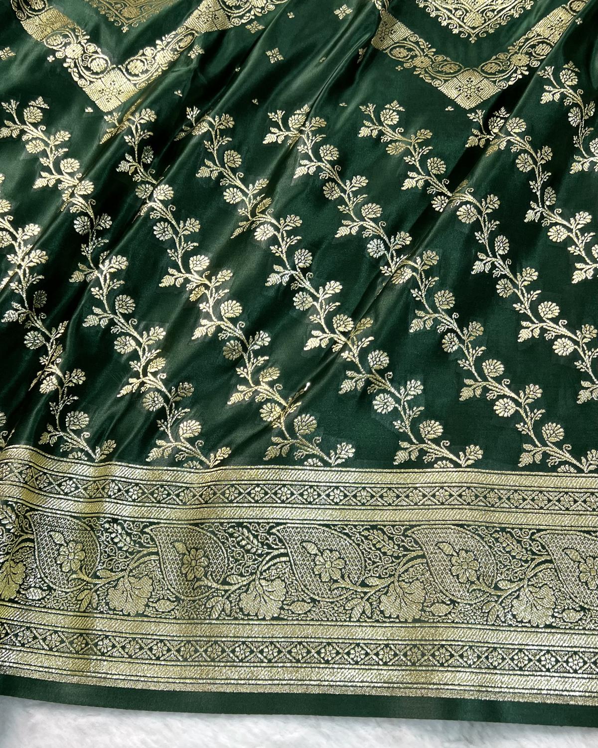 Beautiful Bottle Green Banarasi New 3 In 1 Patten Skirt Border Katan Silk Saree