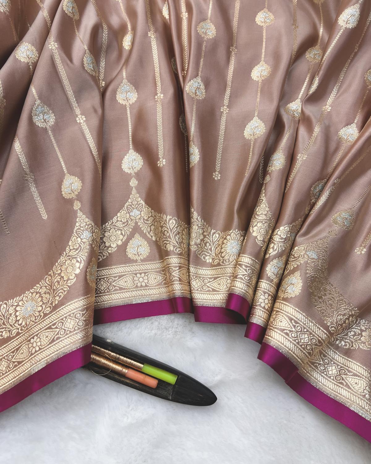 rose brown Banarasi saree with striped sona rupa work for wedding season saree- Niyarah | buy brown saree online