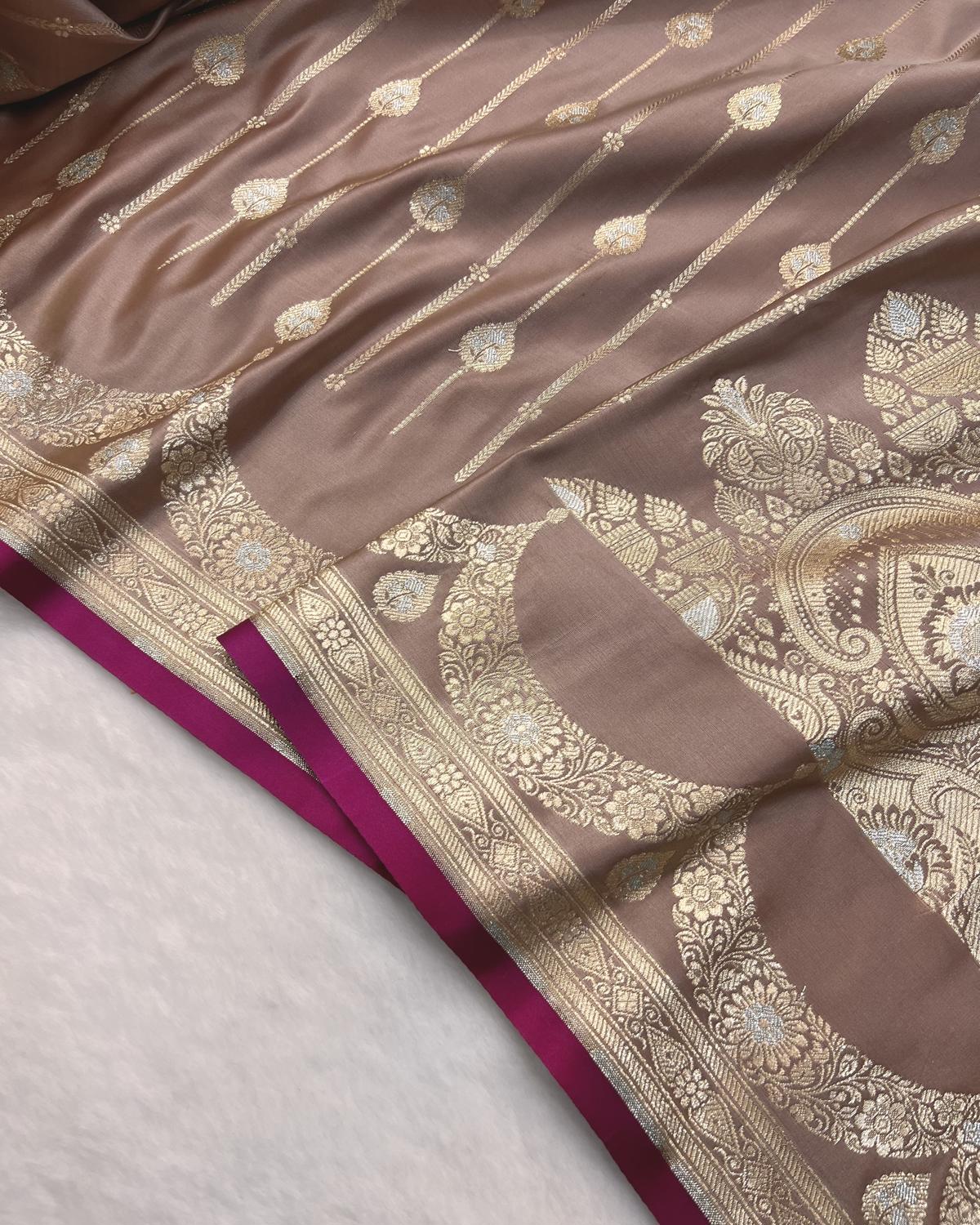 Soft katan silk texture of brown banrasi silk saree with intricate silver and gold zari  for wedding -Niyarah | Shop latest banarasi saree