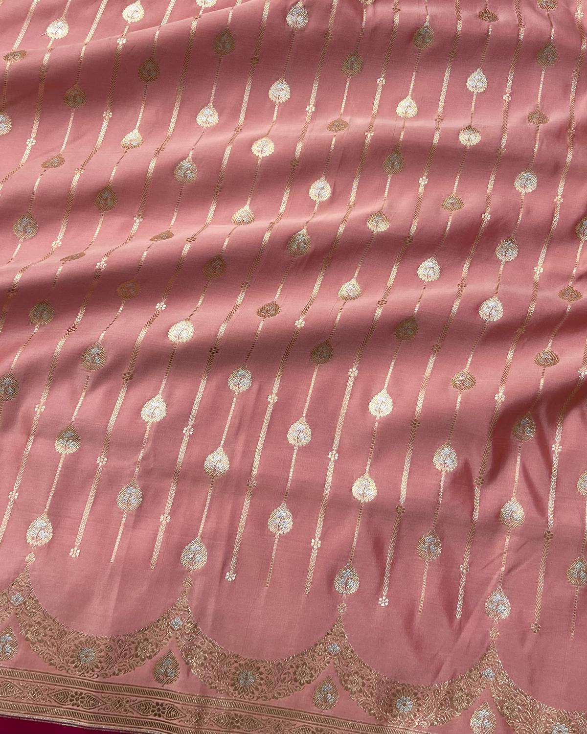 detailed body designs on baby pink Banarasi silk saree with striped buta work- Niyarah shop Benarasi latest collection
