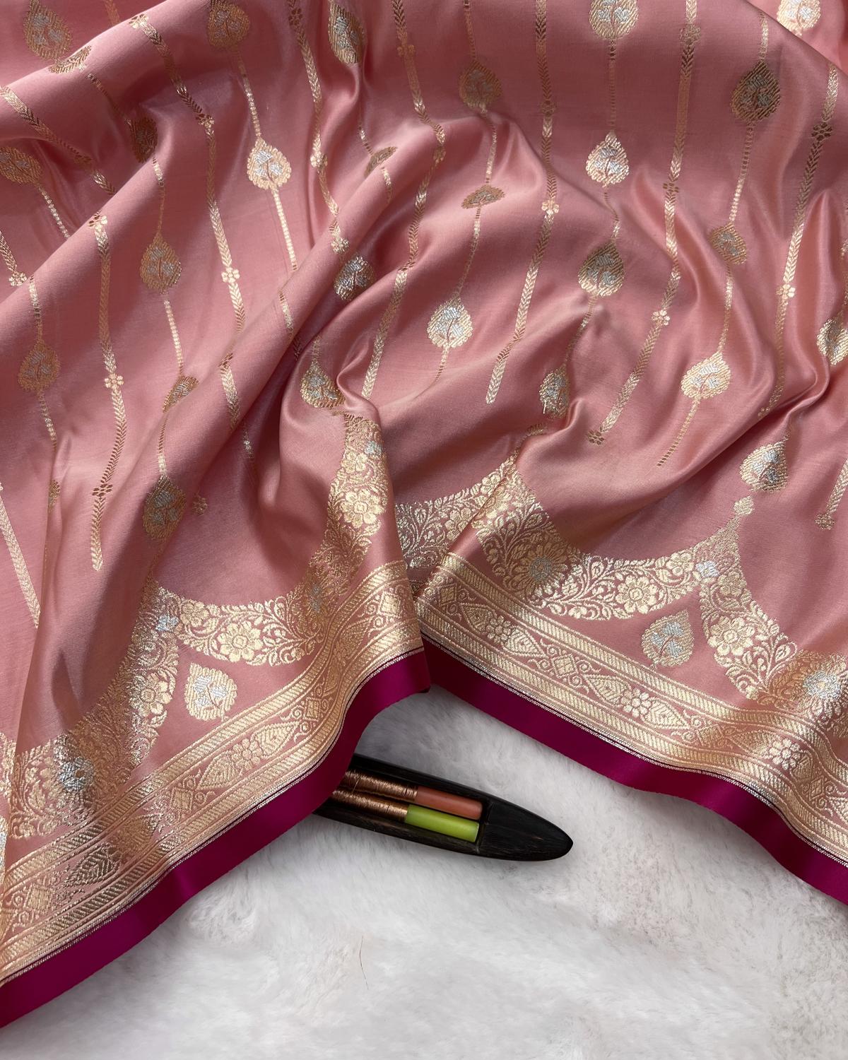 Baby Pink Banarasi katan silk saree with gold and silver zari stiped for wedding seasons- Niyarah | Buy banarasi silk saree online