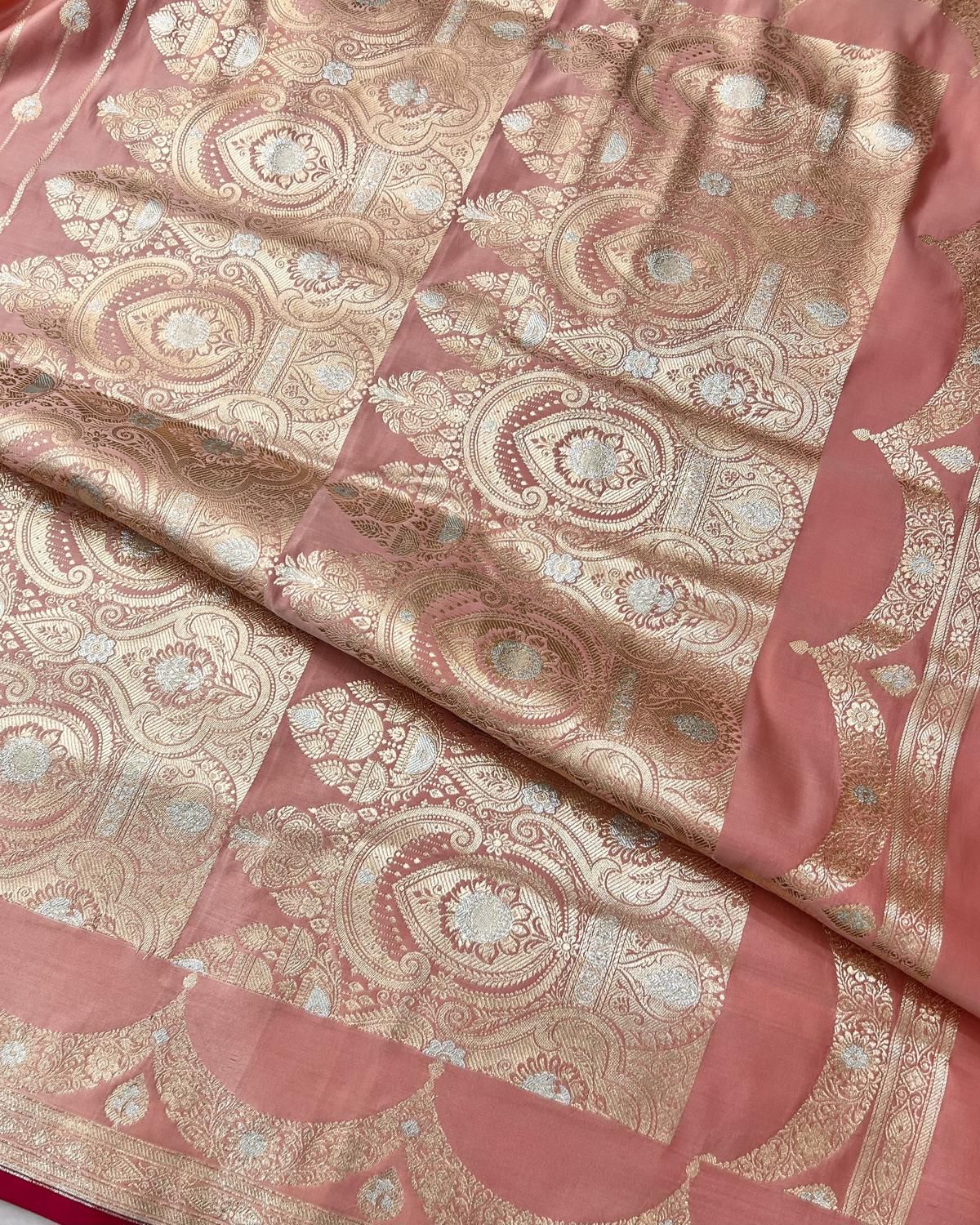 pallu with floral gold and silver zari work design on baby pink banaeasi silk saree- Niyarah | Busy baby pink saree