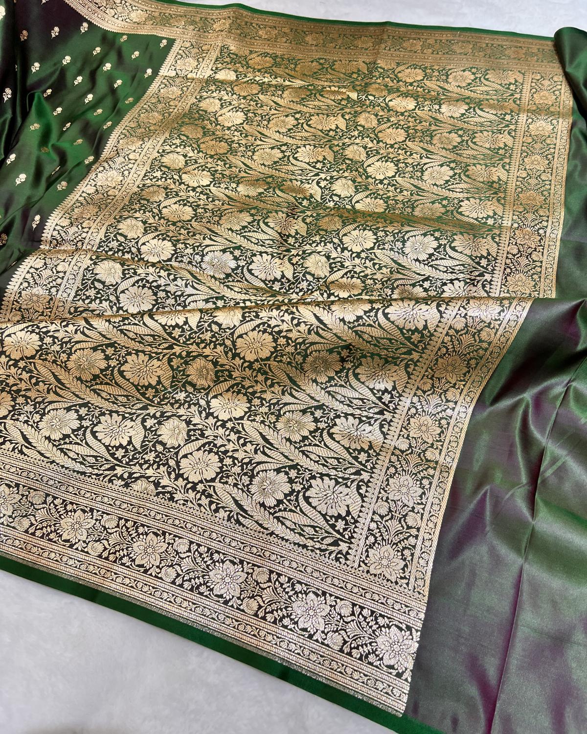 Deep Green Banarasi Phool Buti Mashru Katan Silk Saree