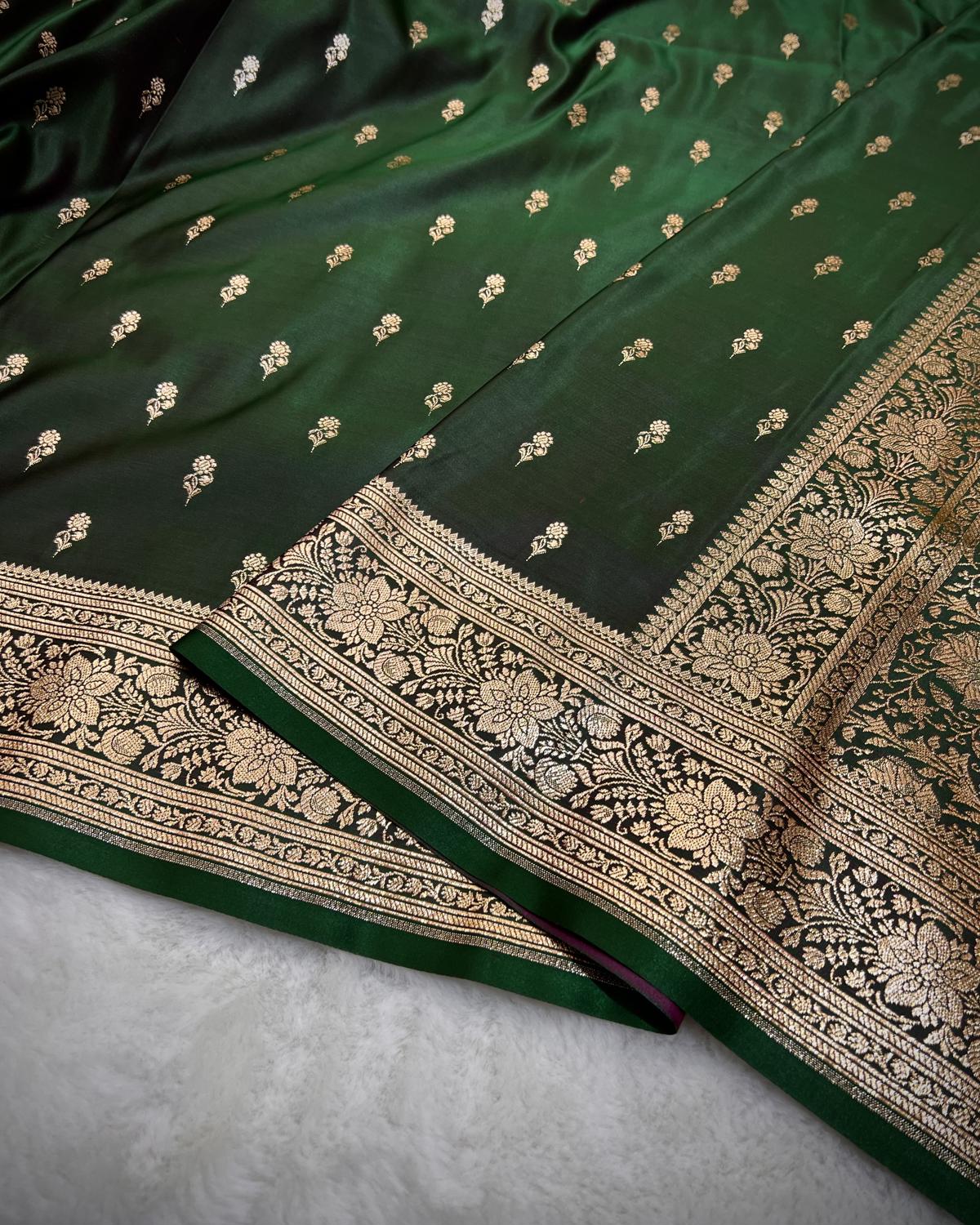 Deep Green Banarasi Phool Buti Mashru Katan Silk Saree