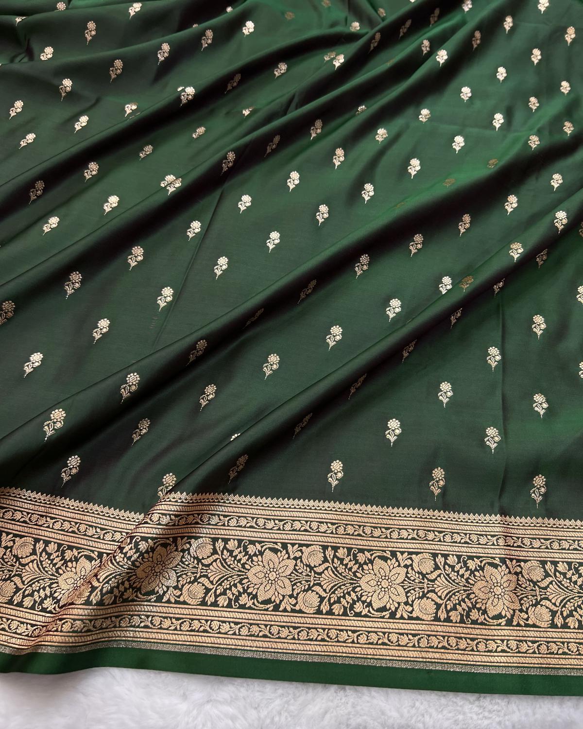 Deep Green Banarasi Phool Buti Mashru Katan Silk Saree
