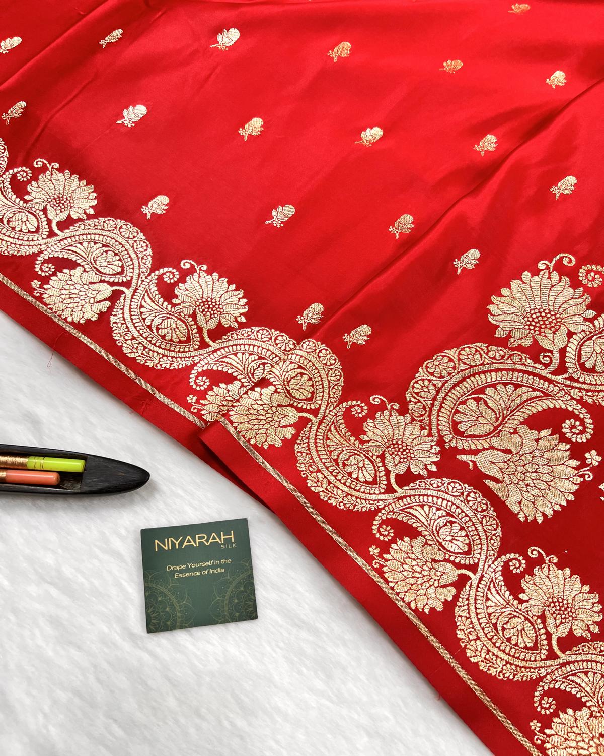 Red Banarasi Floral Booti Mashru Katan Silk Saree