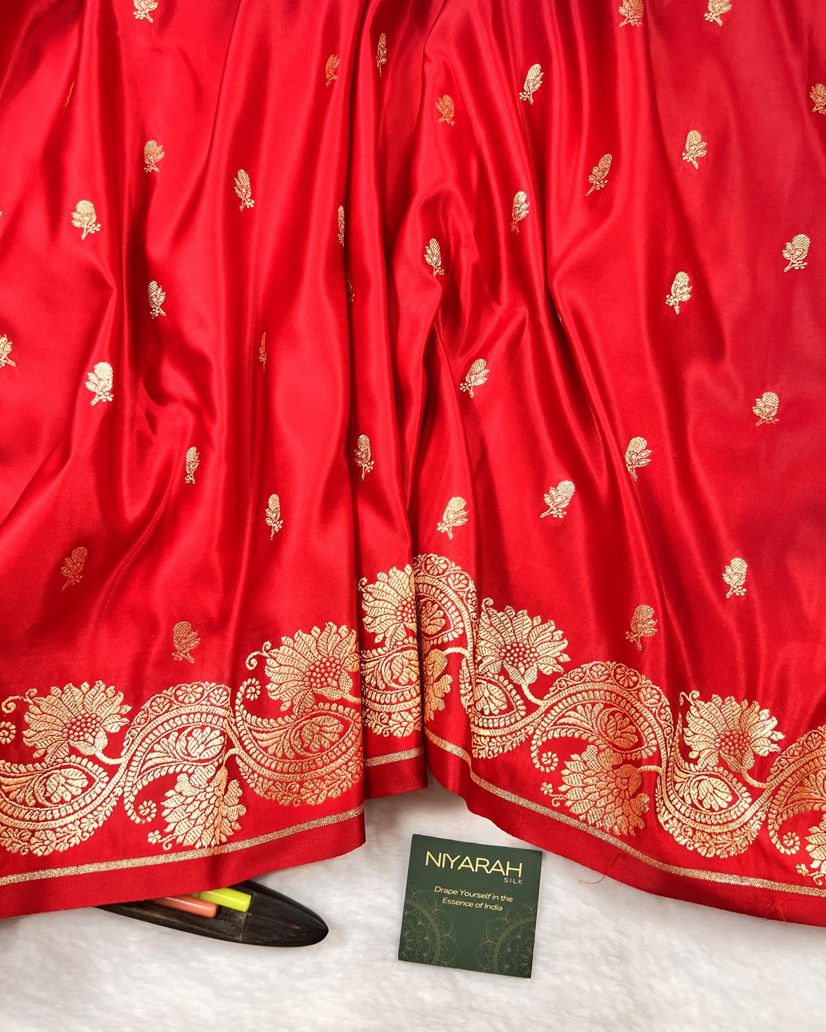 Red Banarasi Floral Booti Mashru Katan Silk Saree