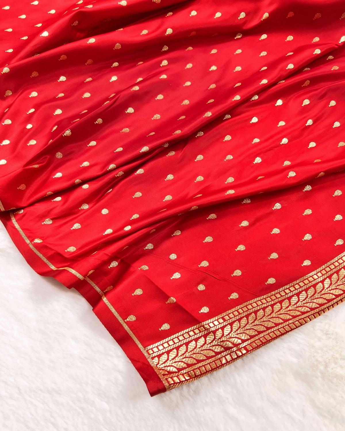 Red Banarasi Floral Booti Mashru Katan Silk Saree
