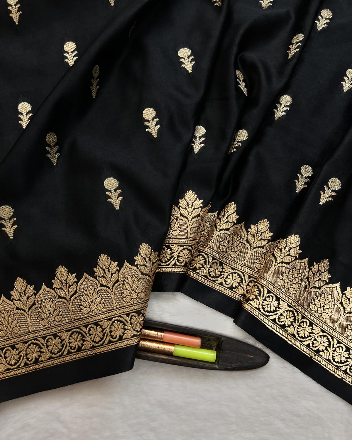 Soft luxurious texture of black Banarasi silk saree golden zari detailing-Niyarah | Shop Black wedding saree