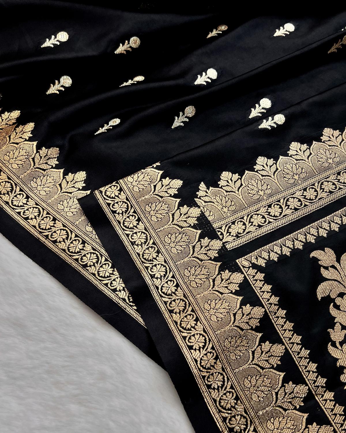 Black Banarasi silk saree with golden zari border for wedding and festive occasions-Niyarah | Buy black banarasi silk saree online
