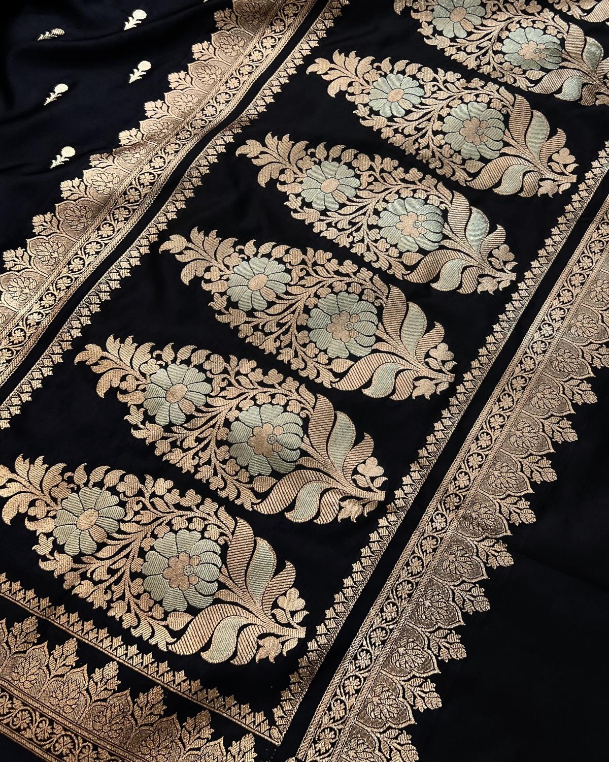 Close up pf meena zari pallu floral design on black wedding banarasi silk saree- Niyarah |Shop banarasi saree 