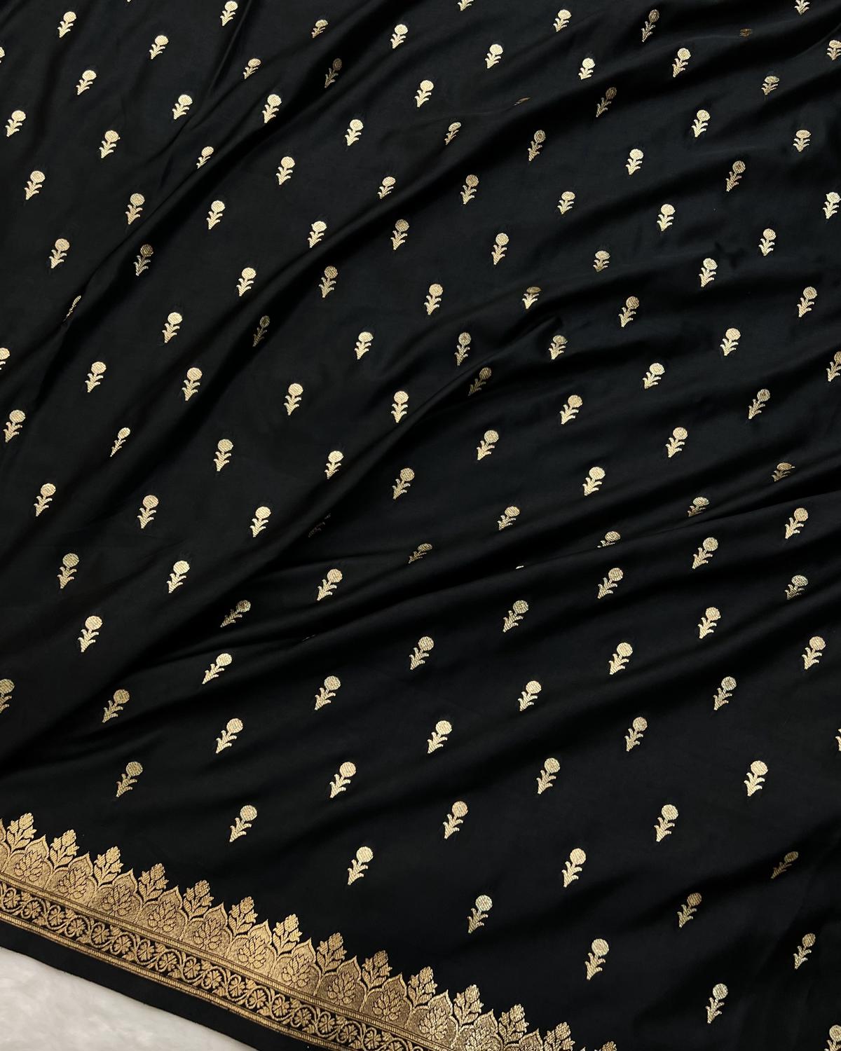 Elegant body design with floral meena booti on black Banarasi silk saree for bridal wear-Niyarah | Buy online saree