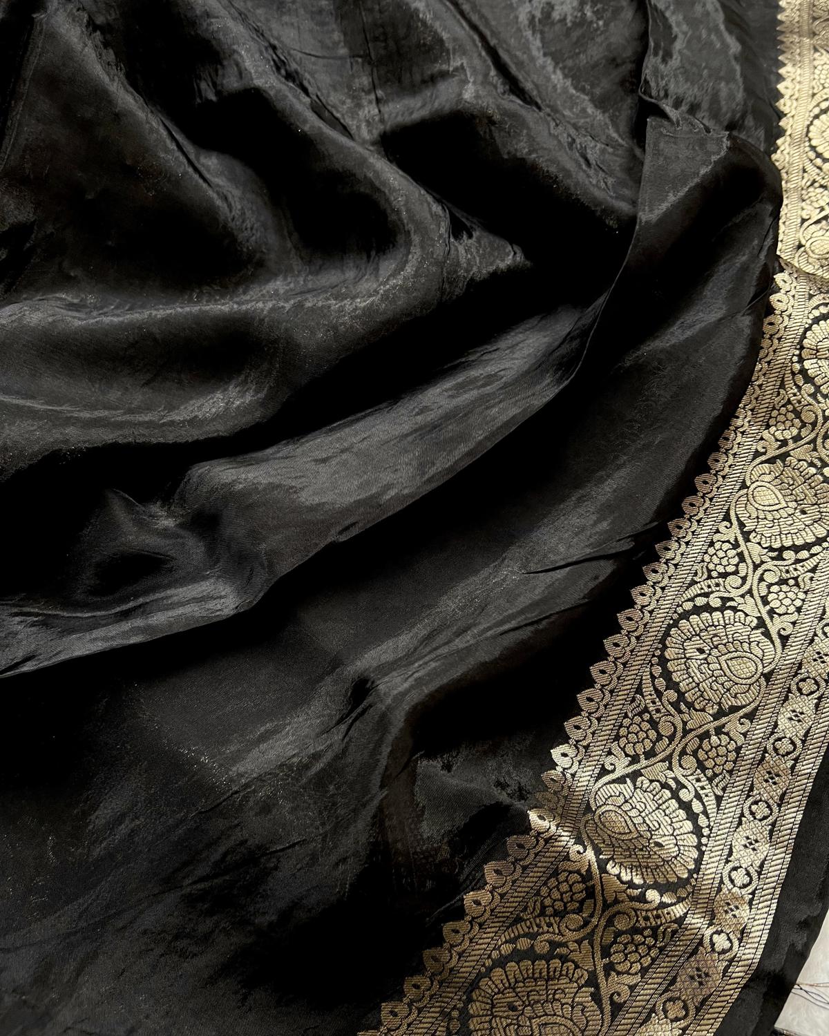 Black Tissue Striped Viscose Silk Saree With Rich Pallu & Tassels