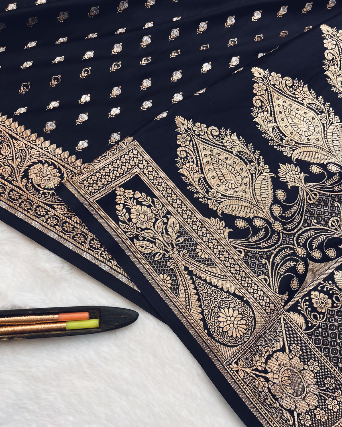 Navy blue Banarasi mashru silk saree ith zari border for wedding-Niyarah