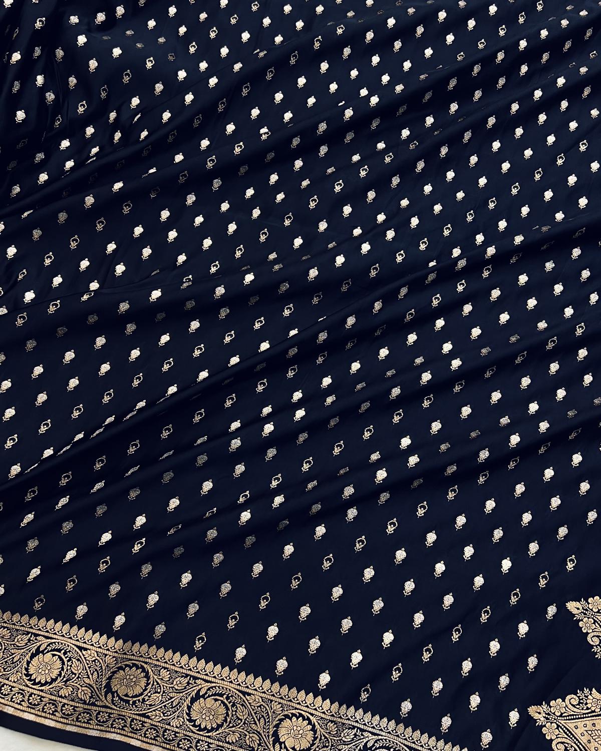 Elegant gold and silver buti design on body of navy blue Banarasi katan Saree- Niyarah