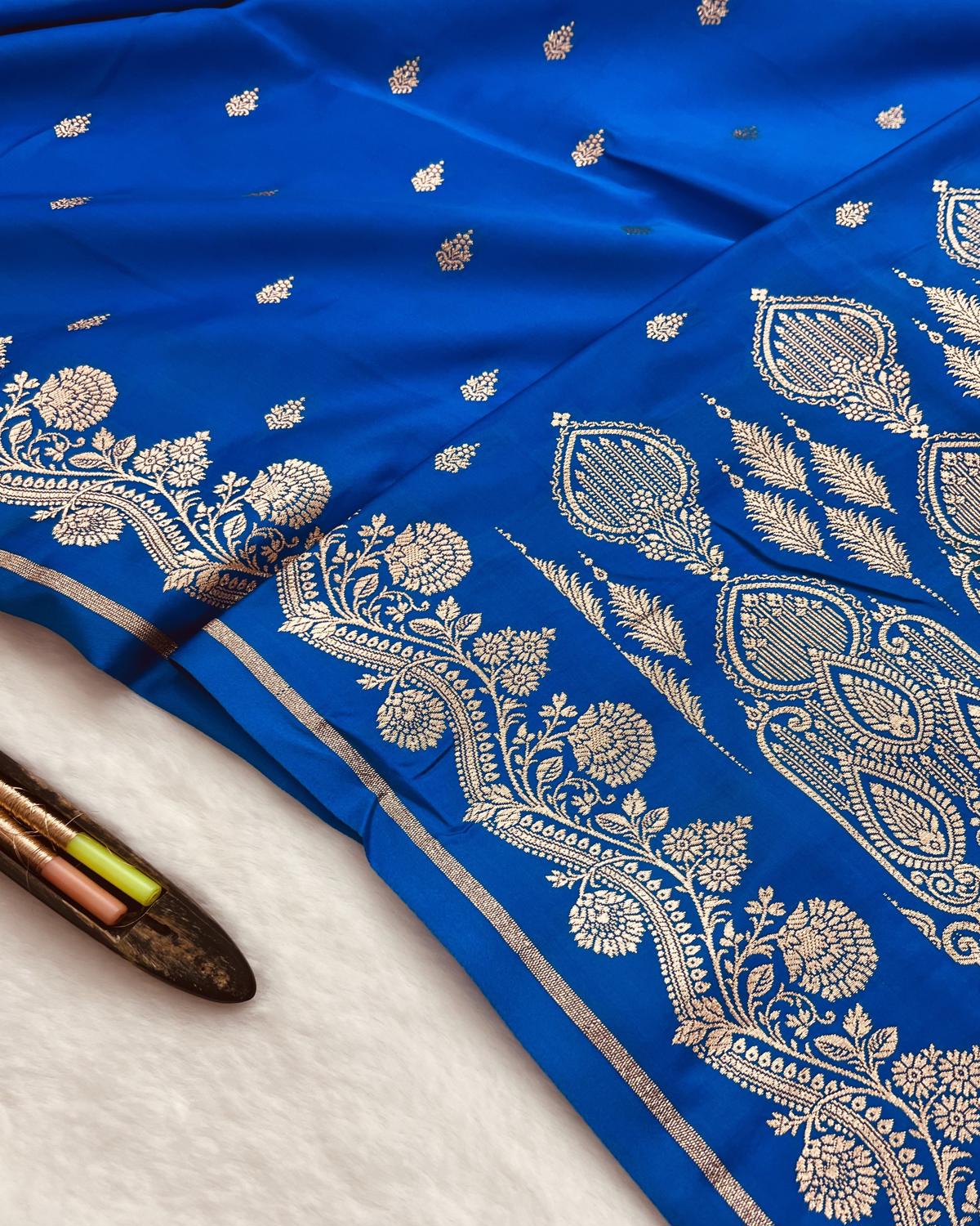 Blue Banarasi silk saree with golden zari border for wedding function-Niyarah