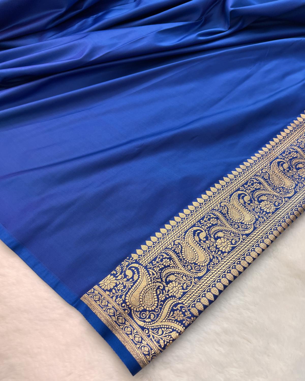 German Blue Shades Banarasi Floral Booti Mashru Silk Saree