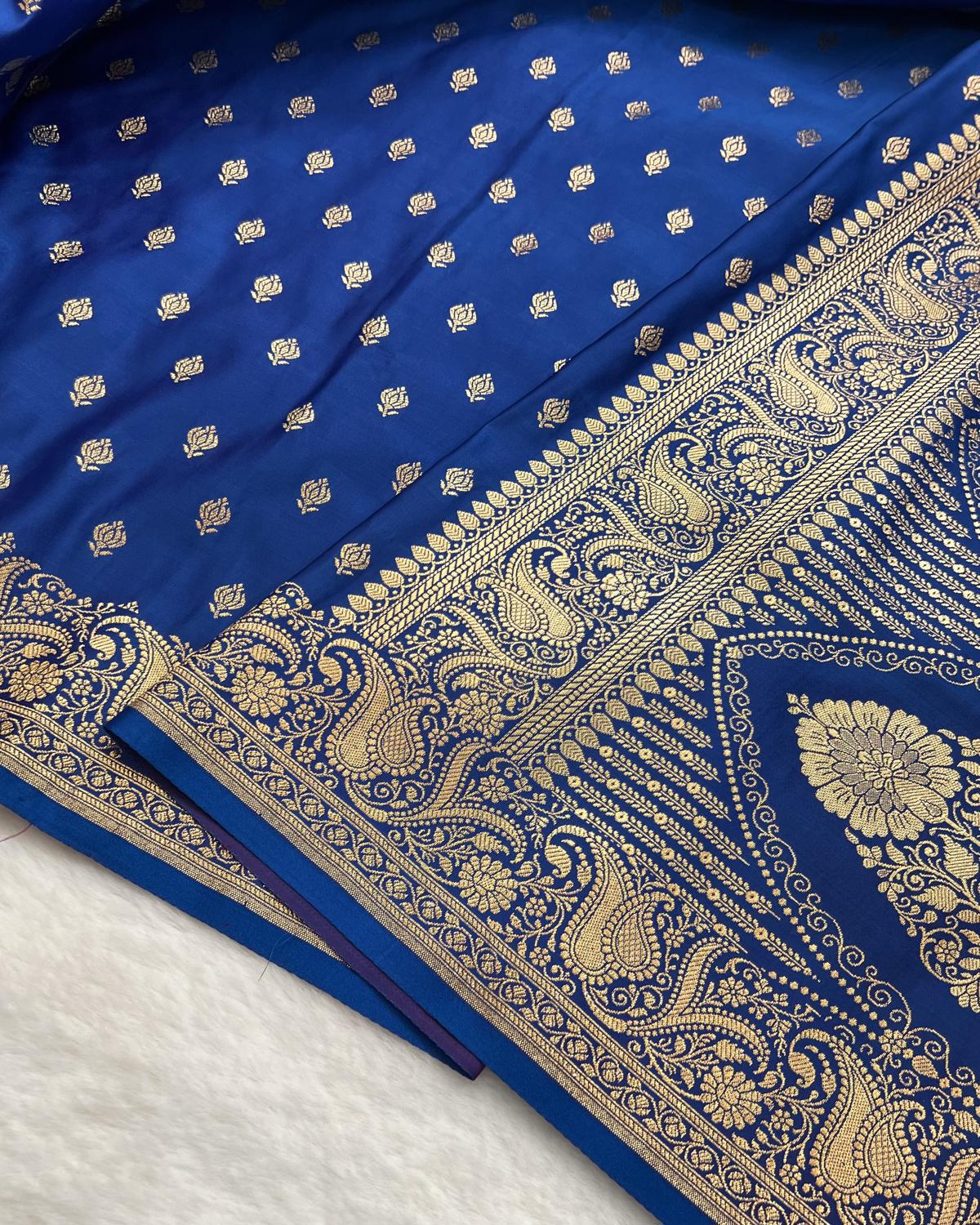 German Blue Shades Banarasi Floral Booti Mashru Silk Saree