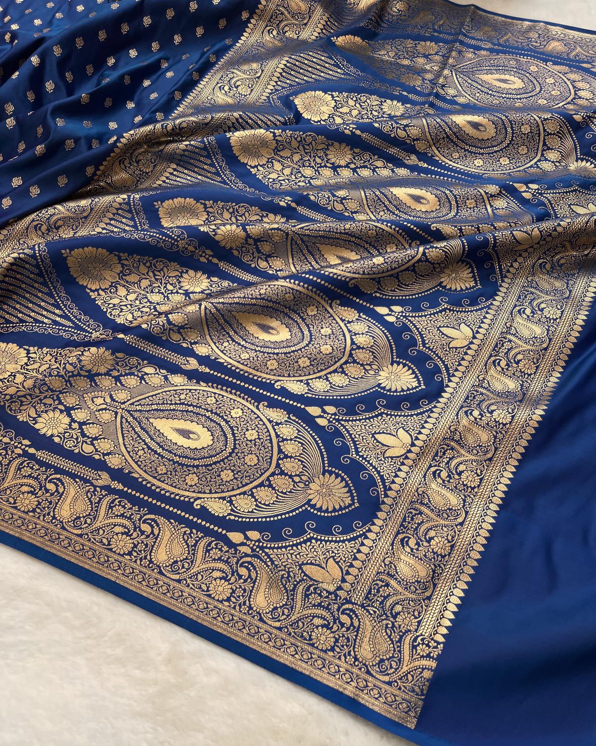 German Blue Shades Banarasi Floral Booti Mashru Silk Saree