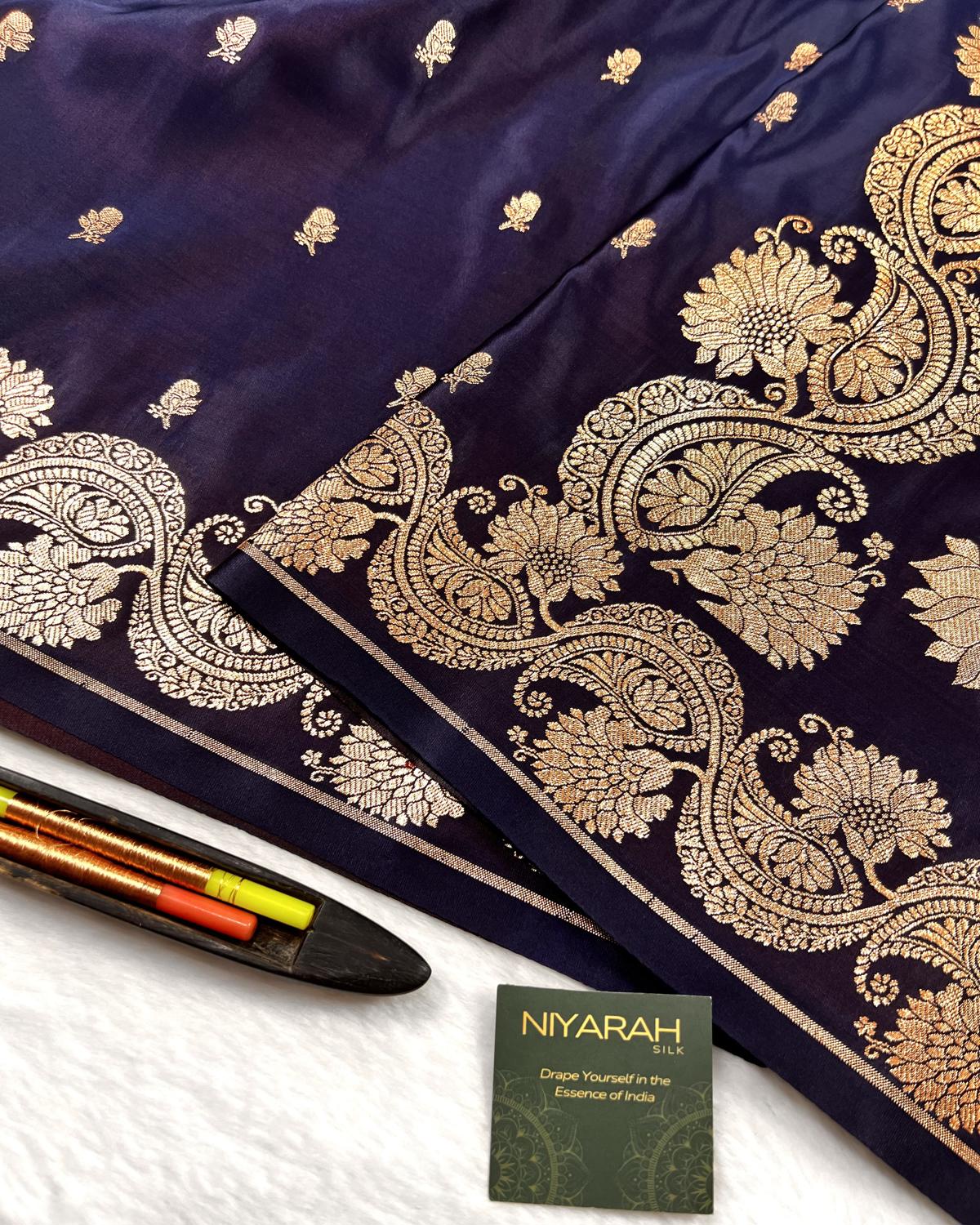 Navy Blue Shades Banarasi Floral Booti Mashru Katan Silk Saree