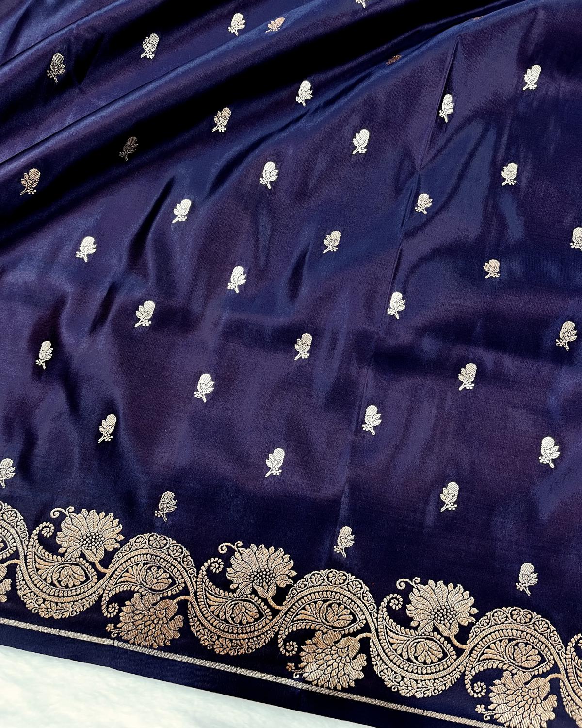 Navy Blue Shades Banarasi Floral Booti Mashru Katan Silk Saree