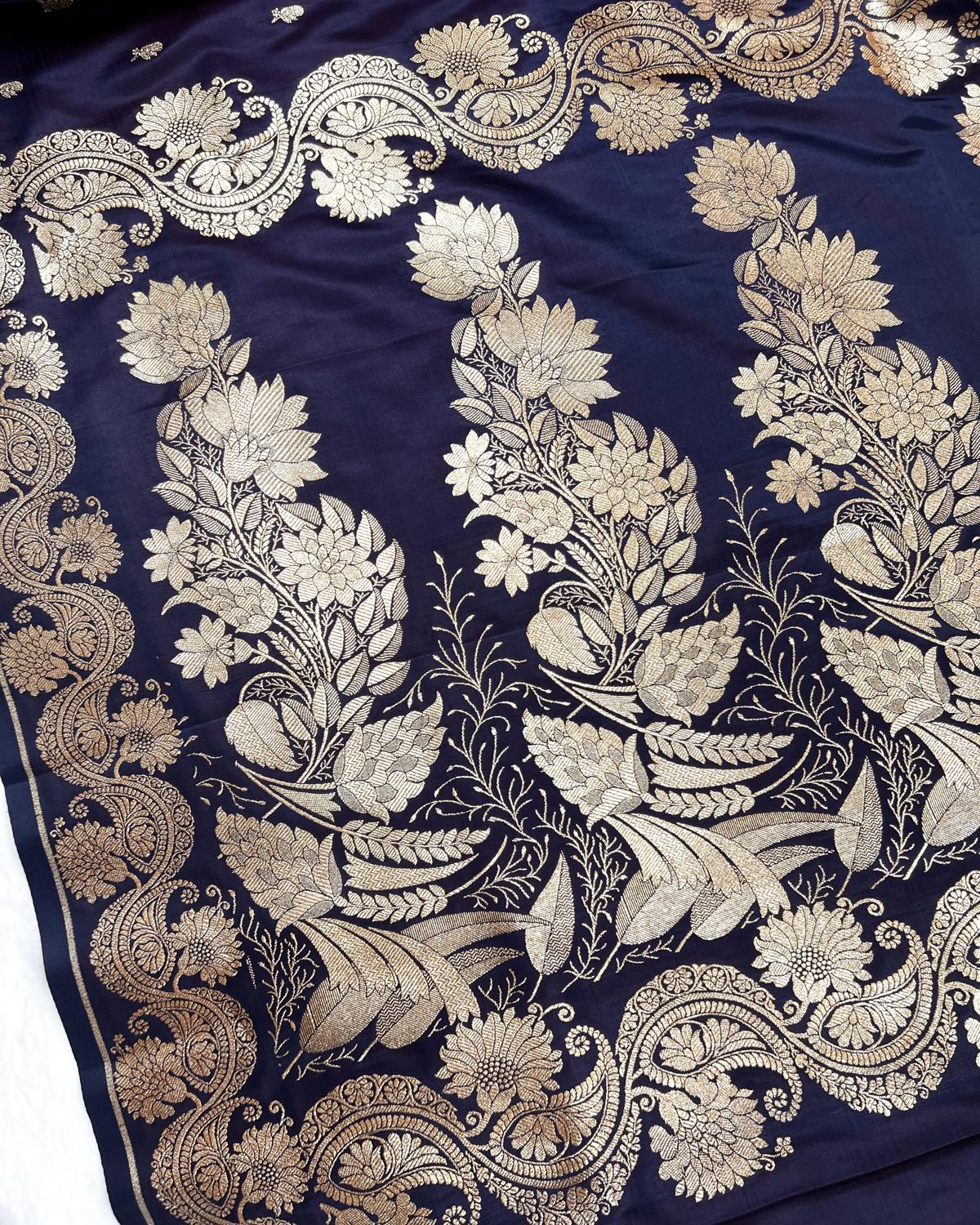Navy Blue Shades Banarasi Floral Booti Mashru Katan Silk Saree