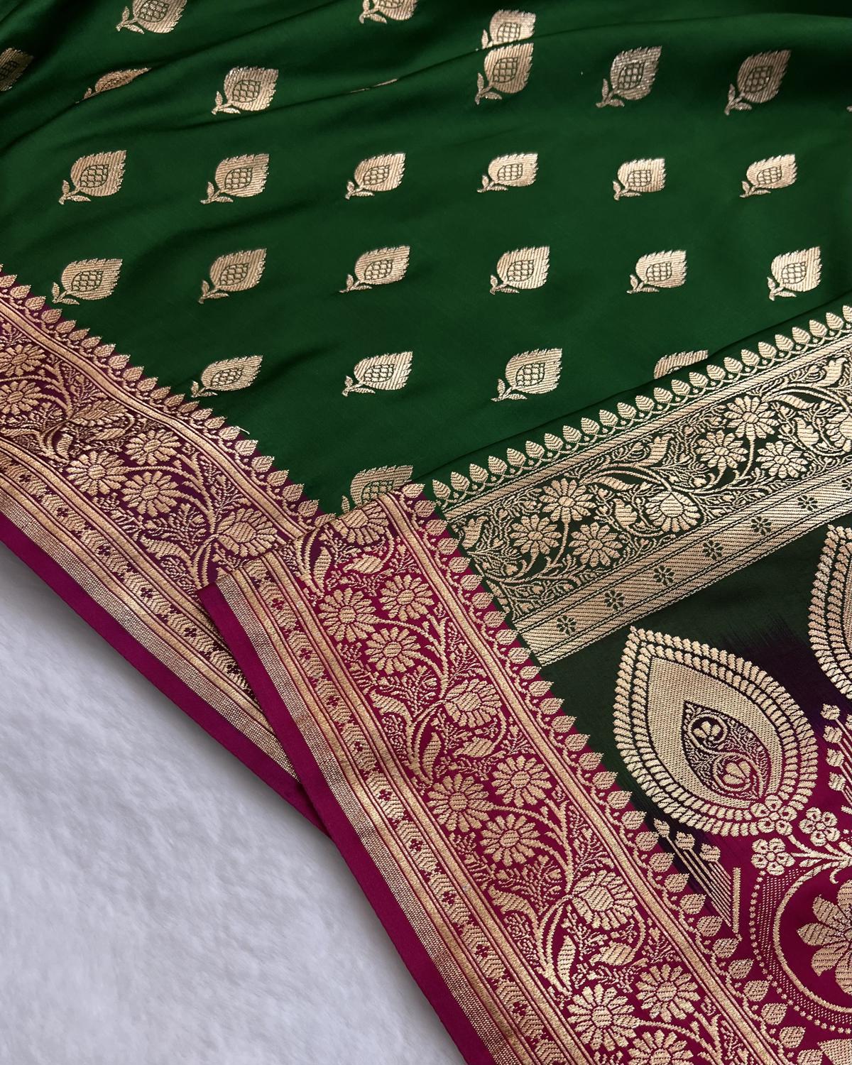 Bottle Green Banarasi Silk saree with gold zari border 