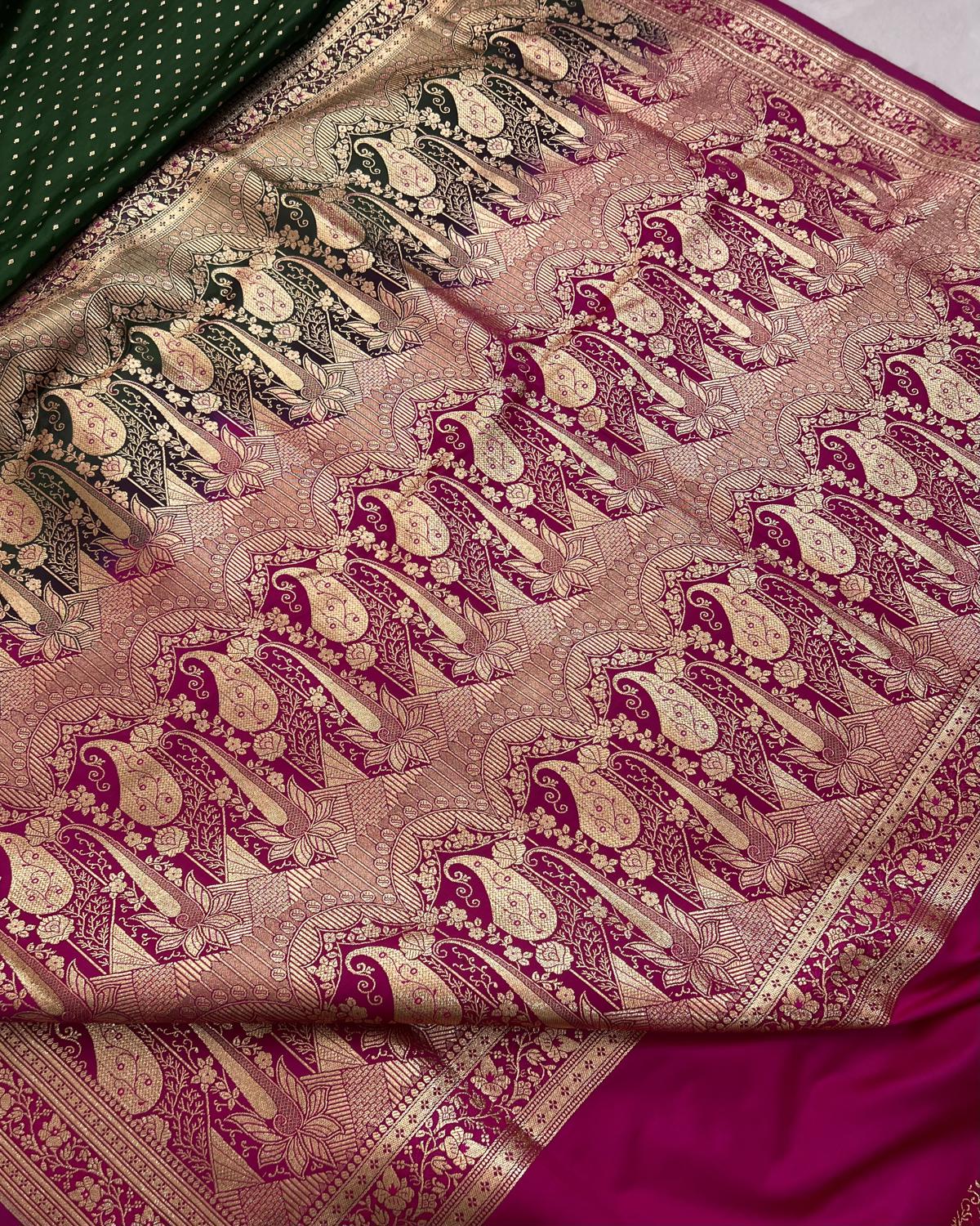 Bottle Green-Rani Shade Banarasi Micro Booti Katan Silk Saree