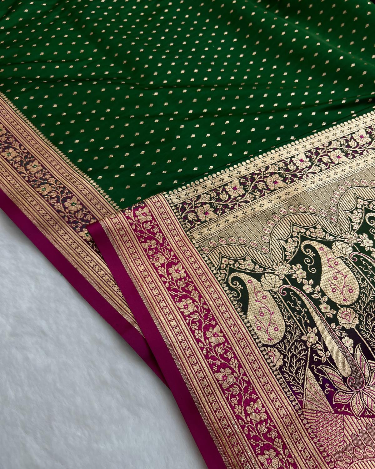 Bottle Green-Rani Shade Banarasi Micro Booti Katan Silk Saree