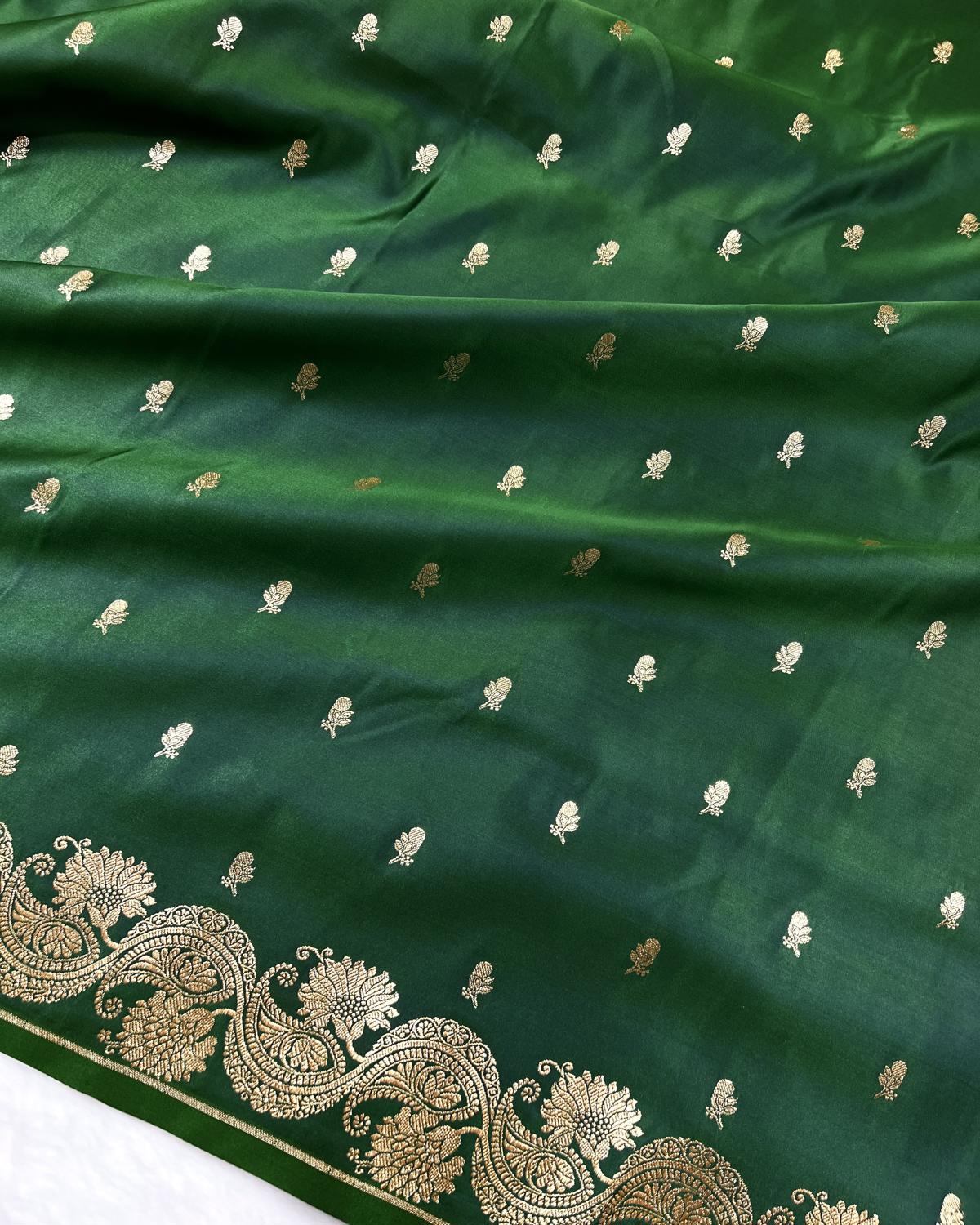 Bottle Green Shades Banarasi Floral Booti Mashru Katan Silk Saree