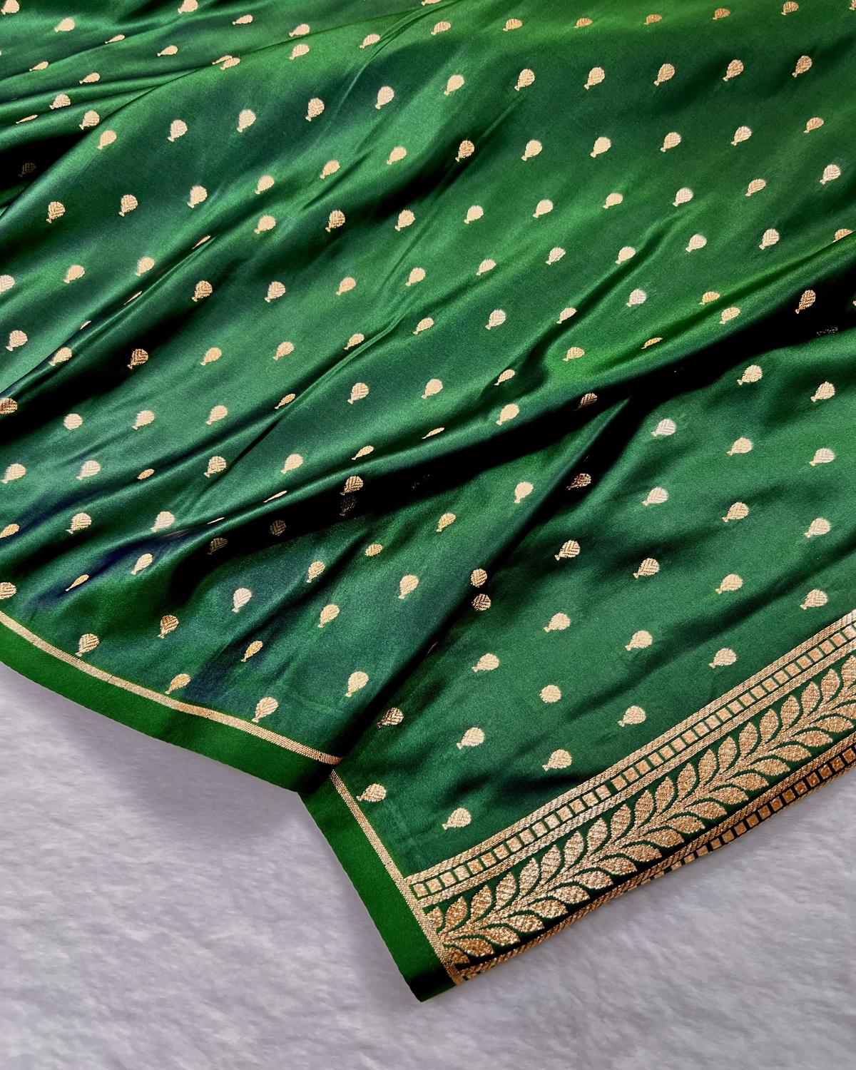 Bottle Green Shades Banarasi Floral Booti Mashru Katan Silk Saree