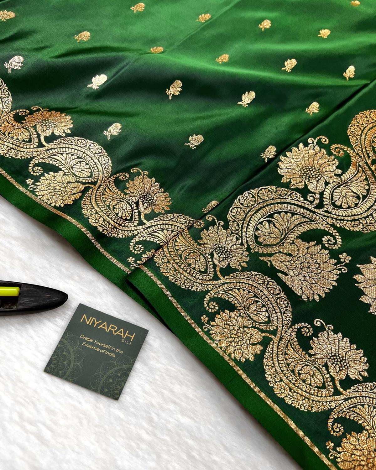 Bottle Green Shades Banarasi Floral Booti Mashru Katan Silk Saree