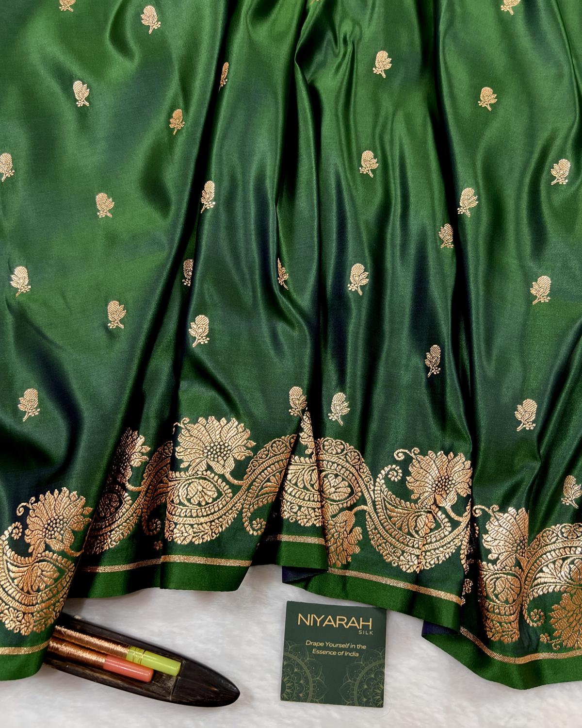 Bottle Green Shades Banarasi Floral Booti Mashru Katan Silk Saree