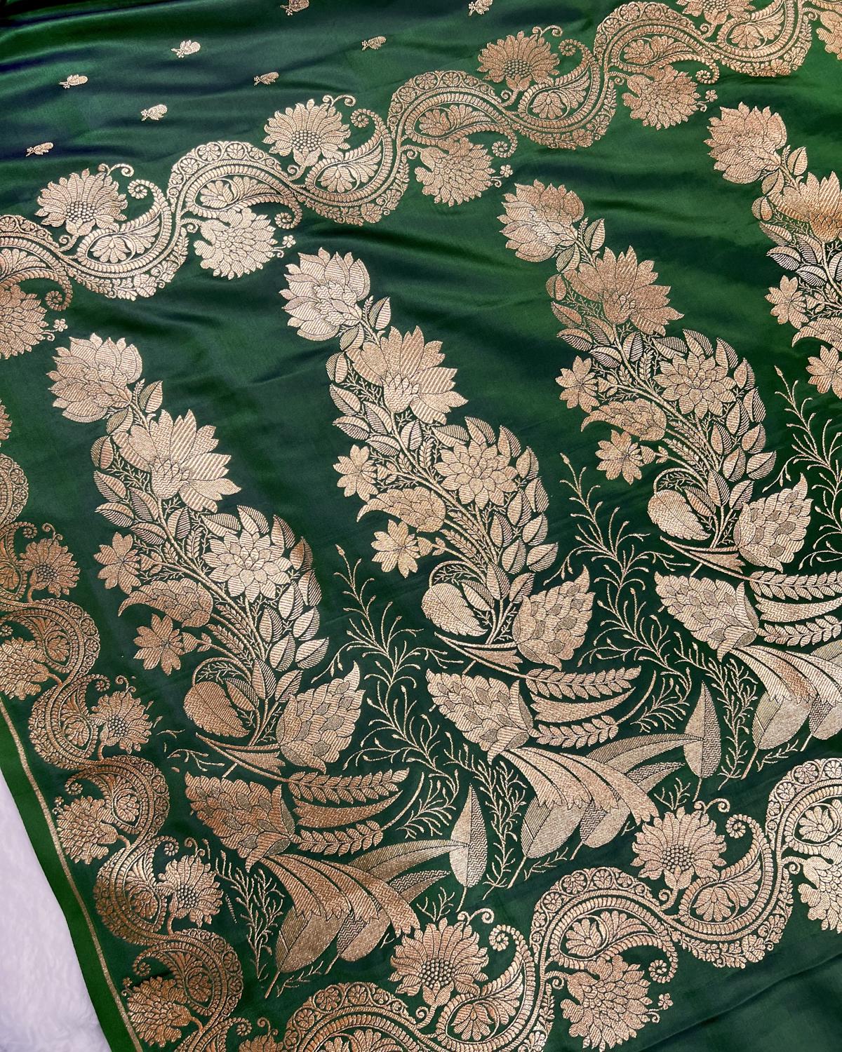 Bottle Green Shades Banarasi Floral Booti Mashru Katan Silk Saree