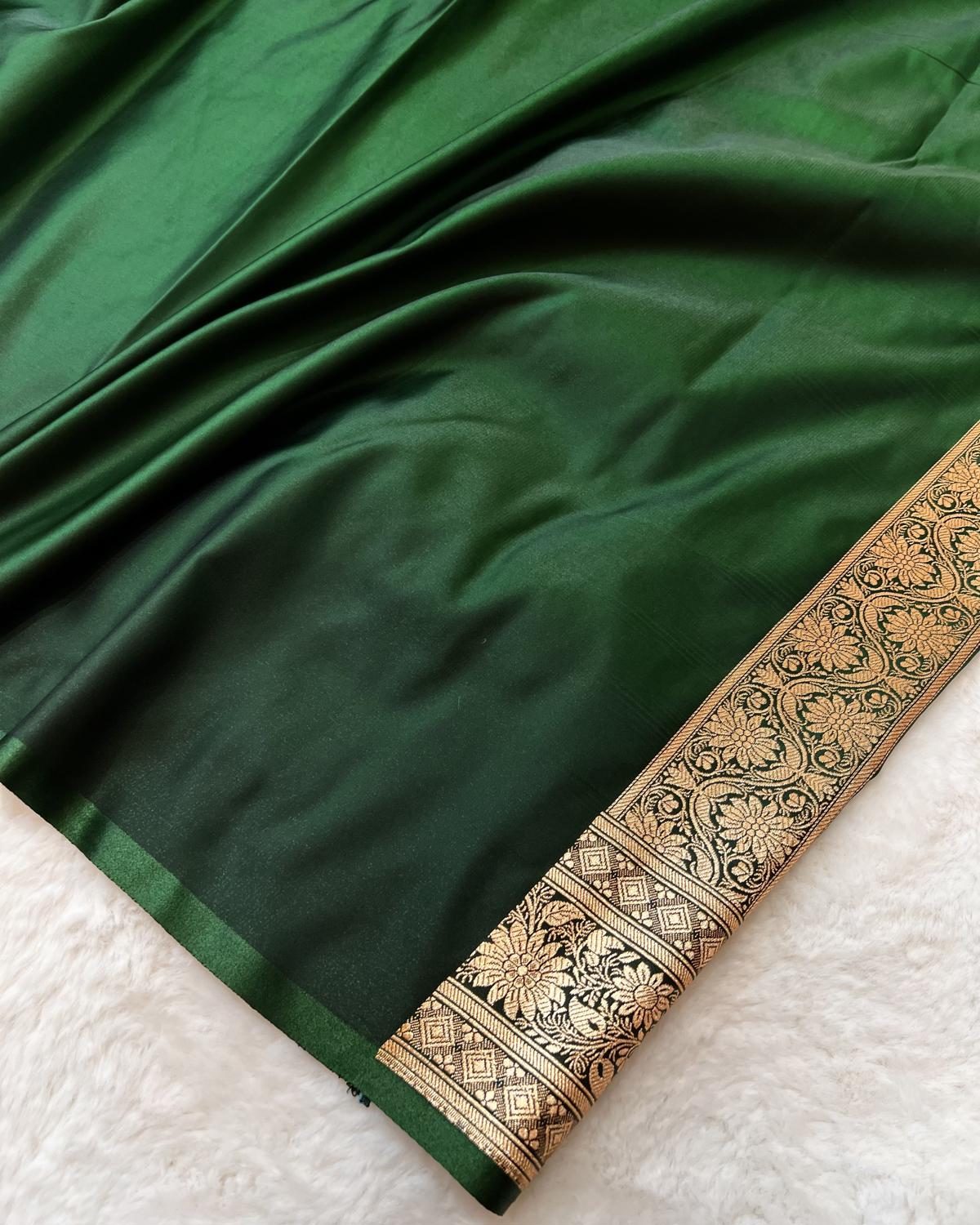 Bottle Green Shades Banarasi Multi Boota Satin Silk Saree with Rich Pallu