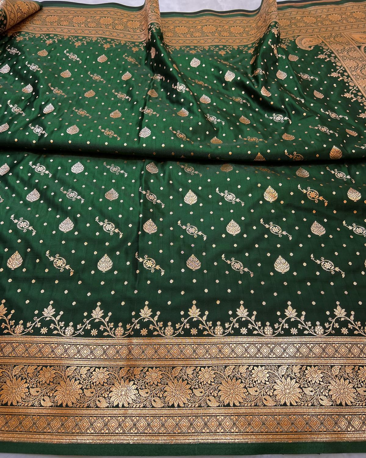 Bottle Green Shades Banarasi Multi Boota Satin Silk Saree with Rich Pallu