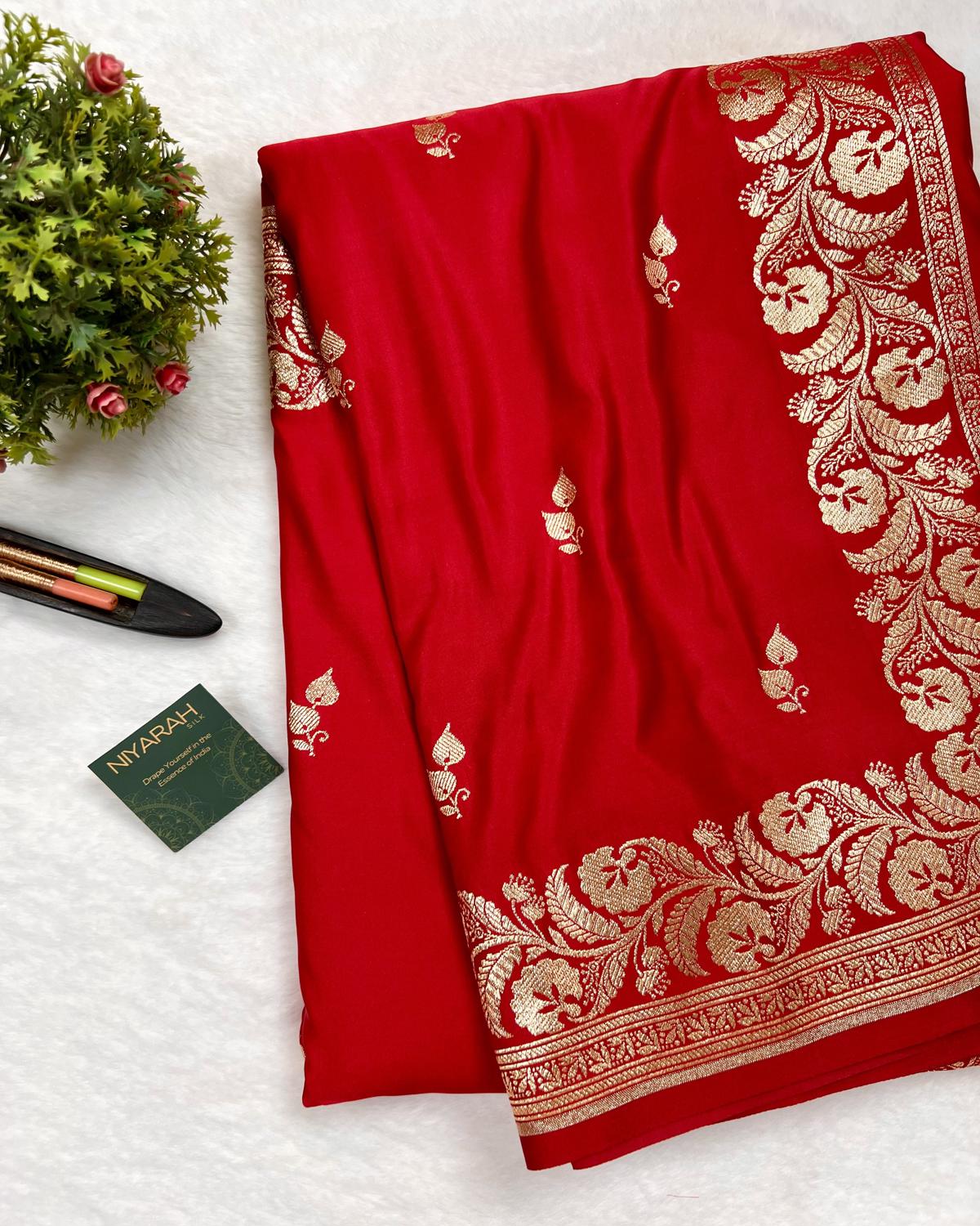 Red Shades Banarasi Leafy Booti Mashru Katan Silk Saree