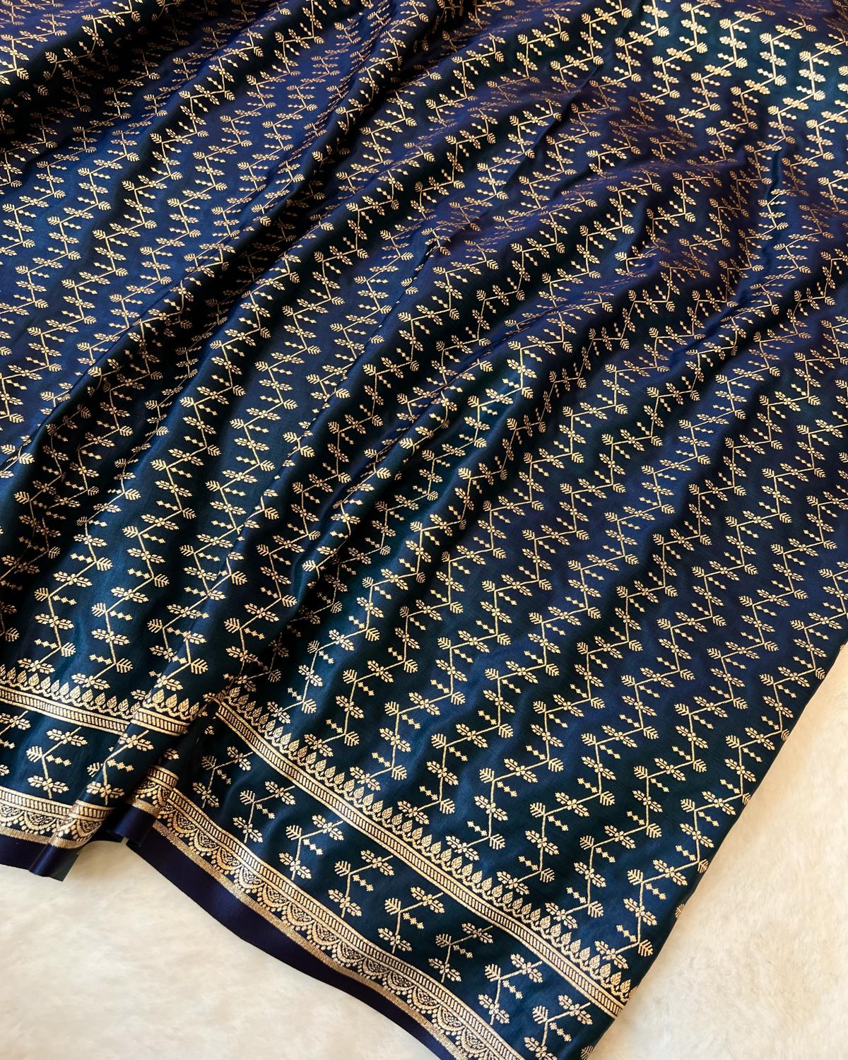 Deep German Blue Banarasi Floral Boota Mashru Katan Silk Saree