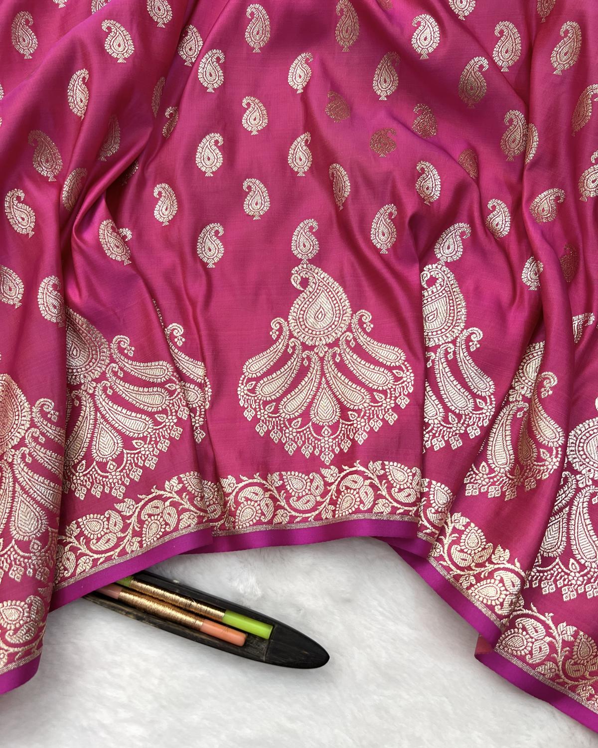 Deep Pink Shade Banarasi Boota Border Katan Silk Saree