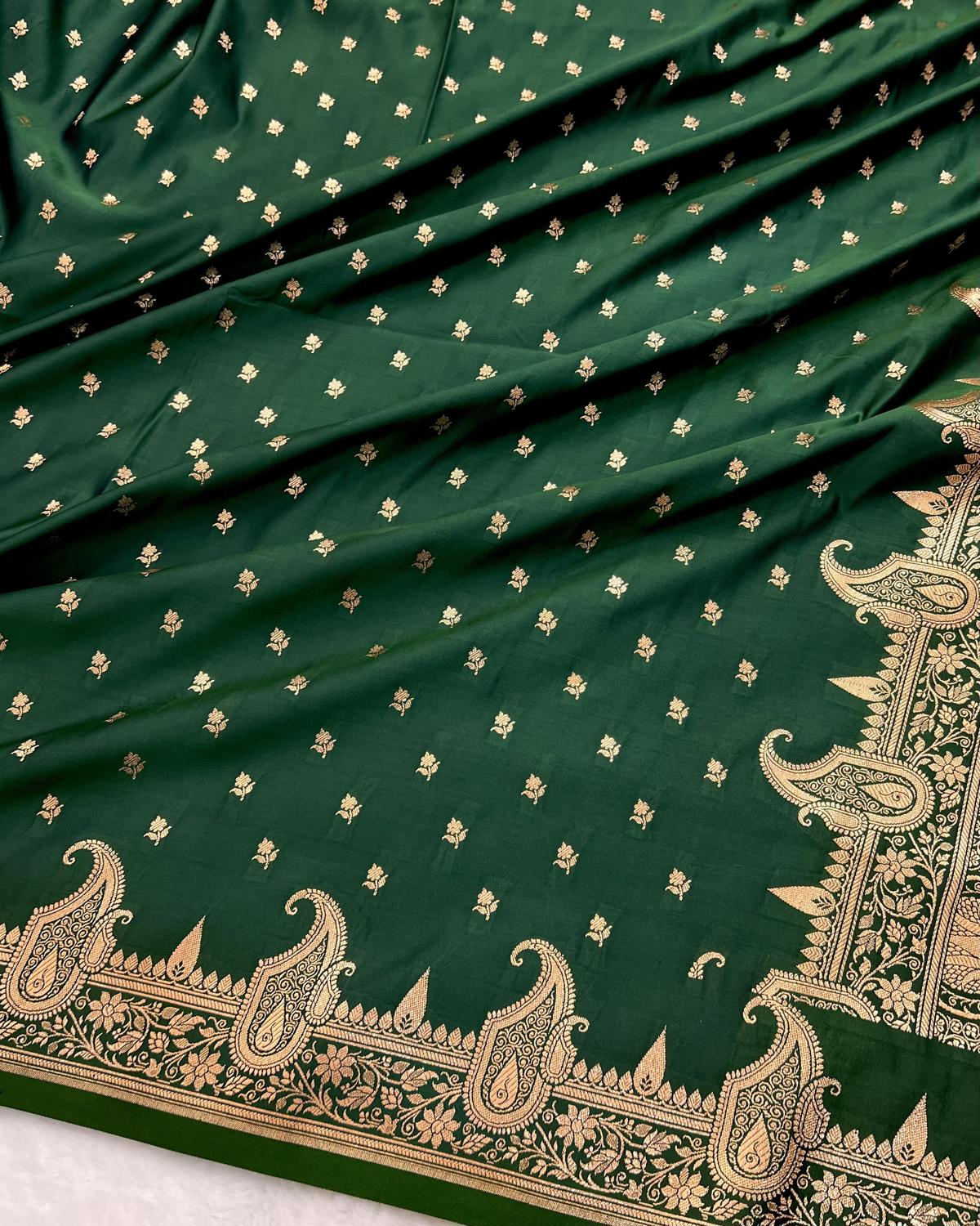 Cross Bottle Green Banarasi Floral Booti Mashru Silk Saree