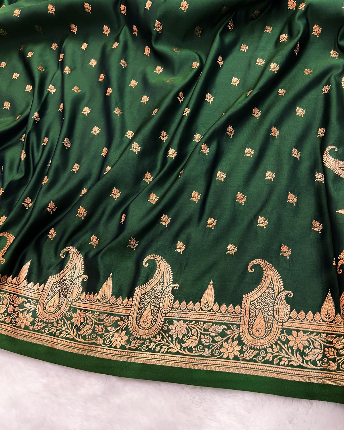 Cross Bottle Green Banarasi Floral Booti Mashru Silk Saree