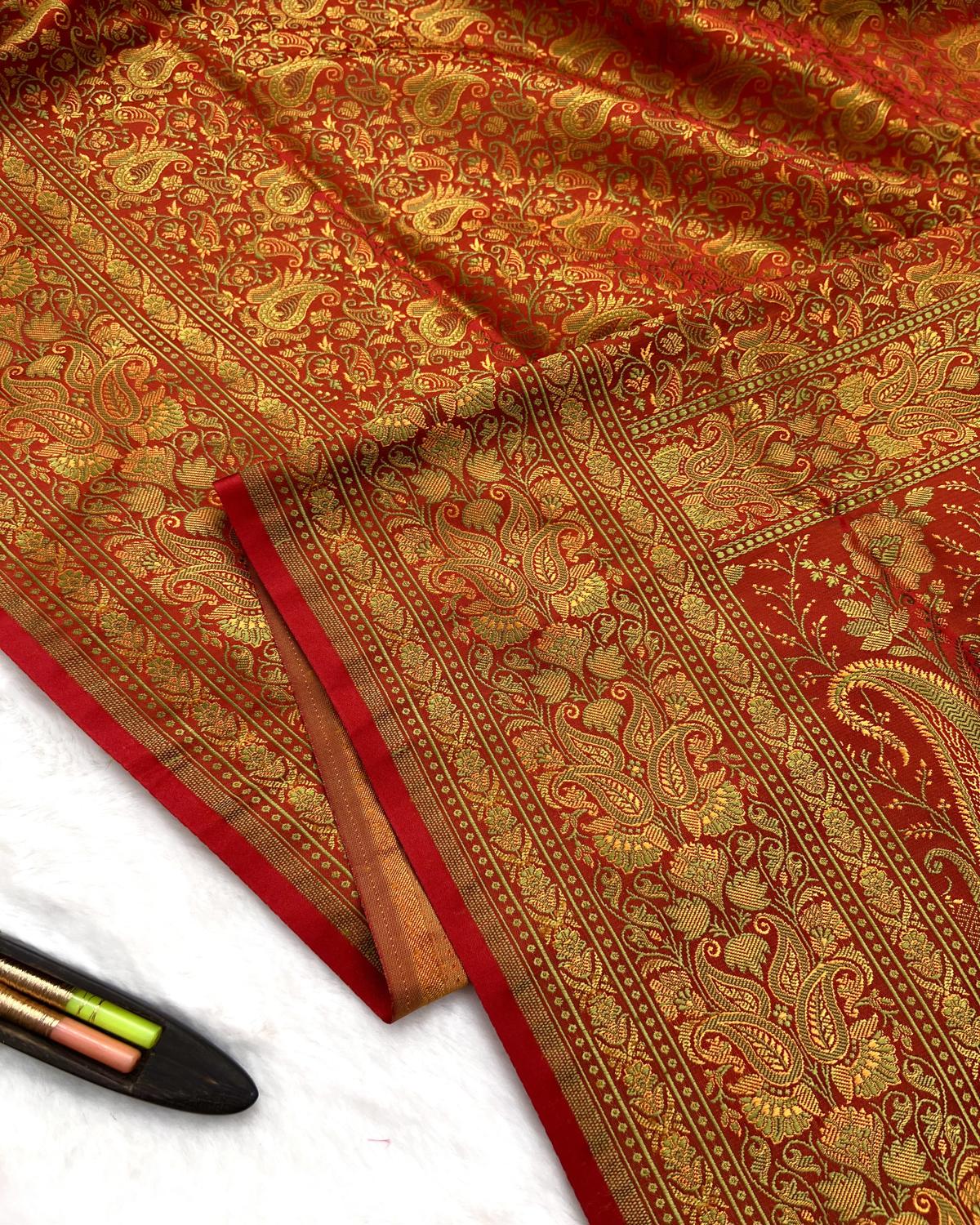 Red-Orange Pashmina Tanchui Floral Jaal Katan Silk Saree